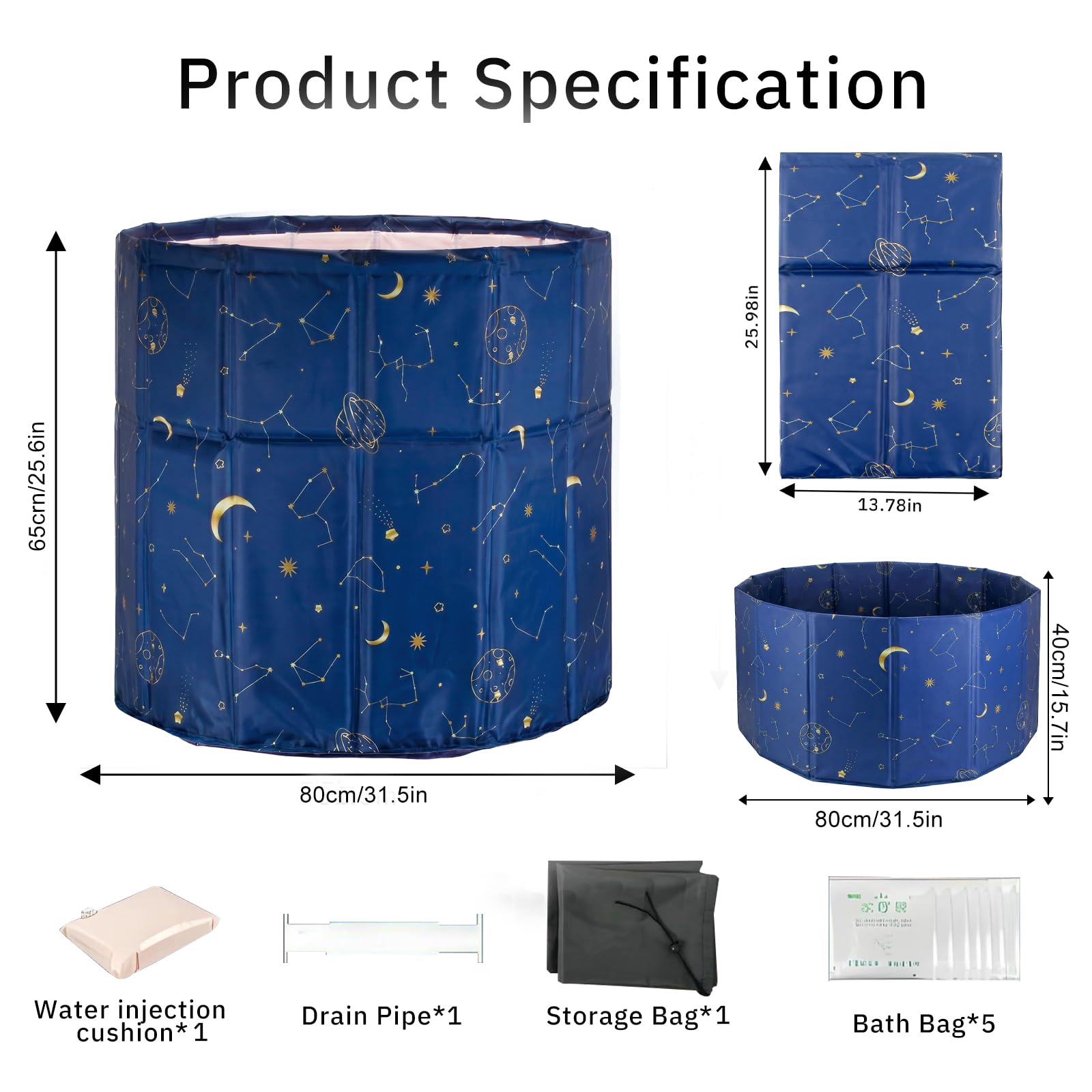 Faltbare Badewanne, Badewanne für Dusche, Mobile Sitzbadewanne für Dusche, Eisbaden Tonne 31.5 * 25.6 in/80 * 66 cm mit nach innen klappbarem Rand für Kinder & Erwachsene (Hellblau)