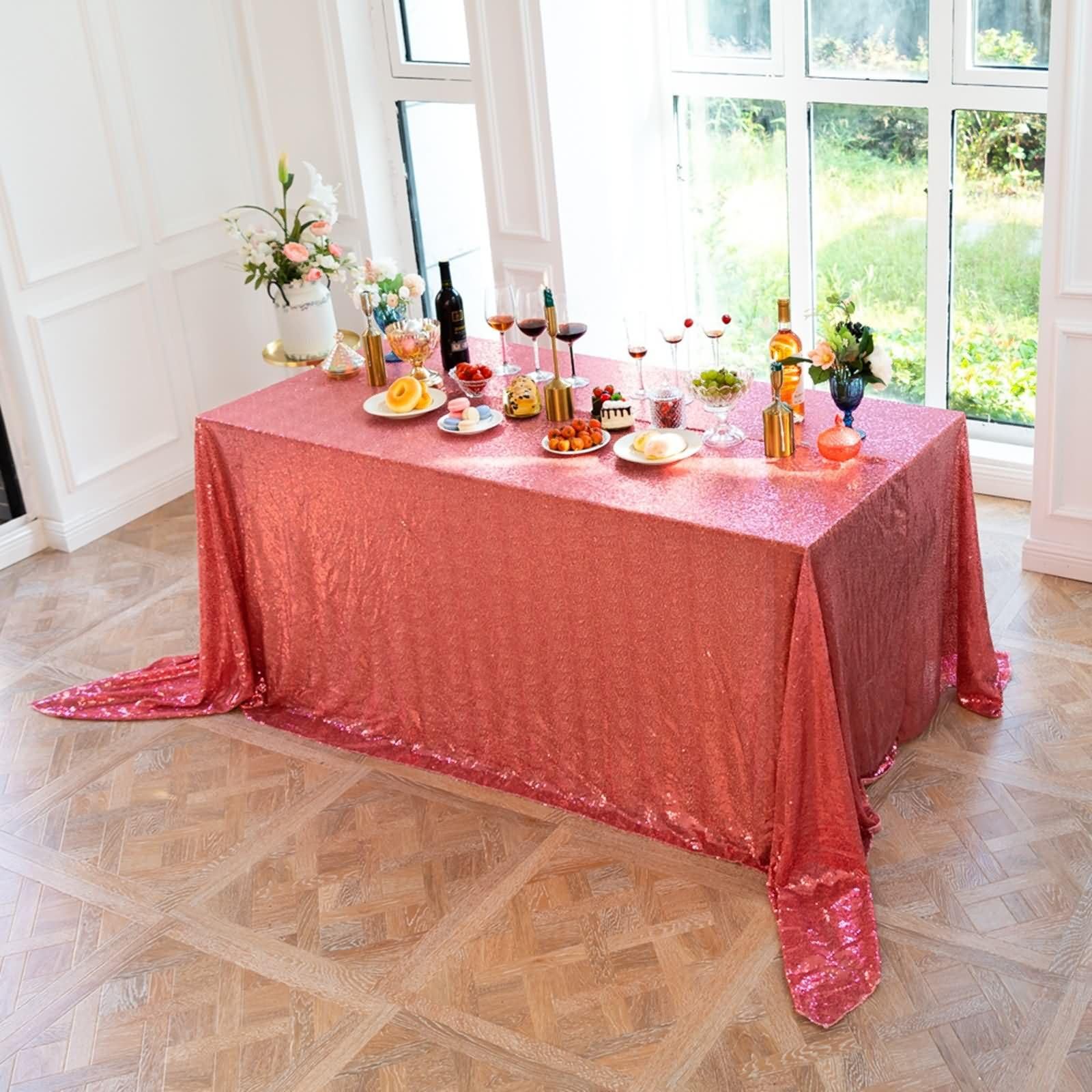 Mantel Boda Mesa Rectangular 153 W x 320 L CM,Mantel para Mesa Salón Roja Rosa Color Sólido con Lentejuelas Poliéster Mantel Casa Mesa