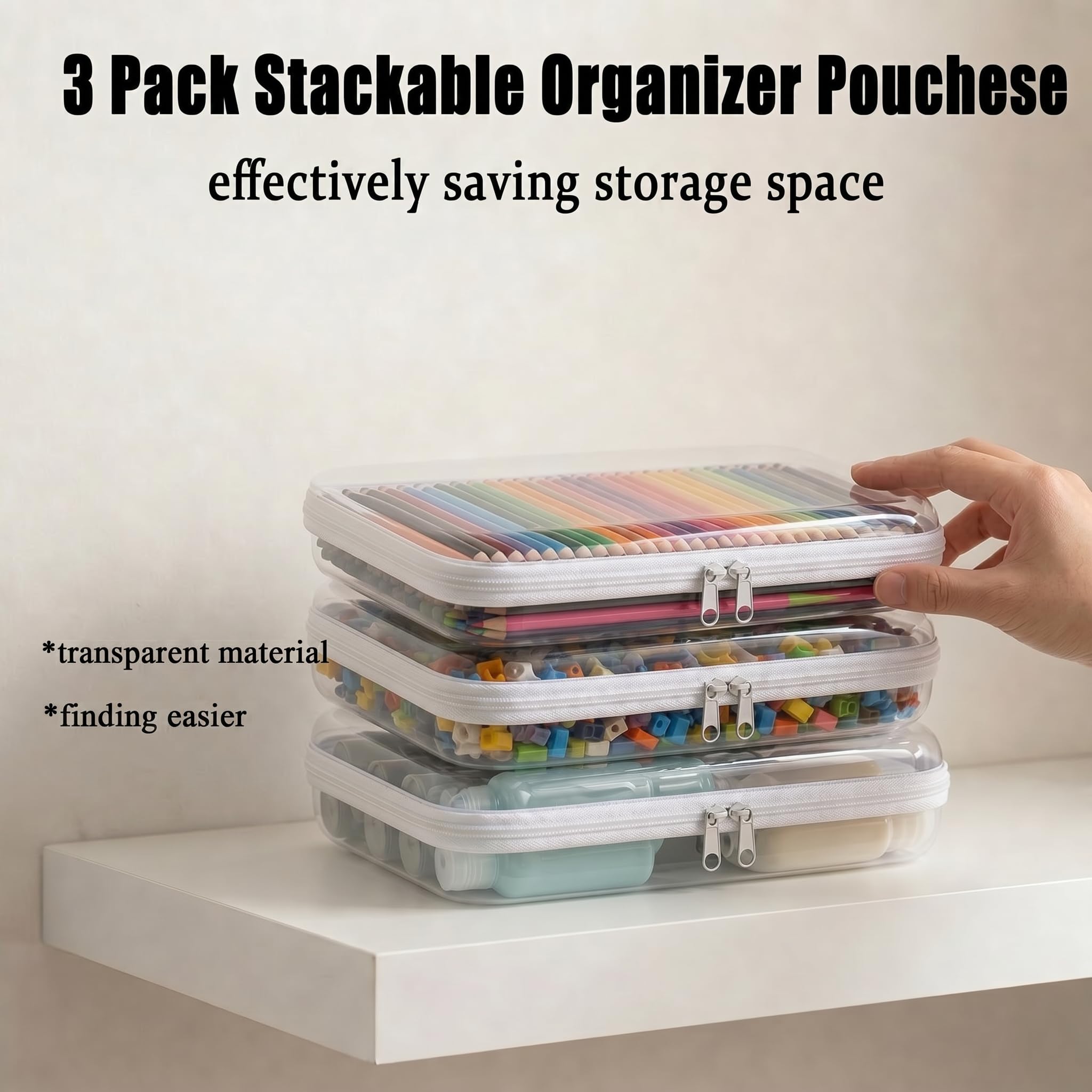 Clear Hard Shell Zipper Organizer Pouches, 4 Pack