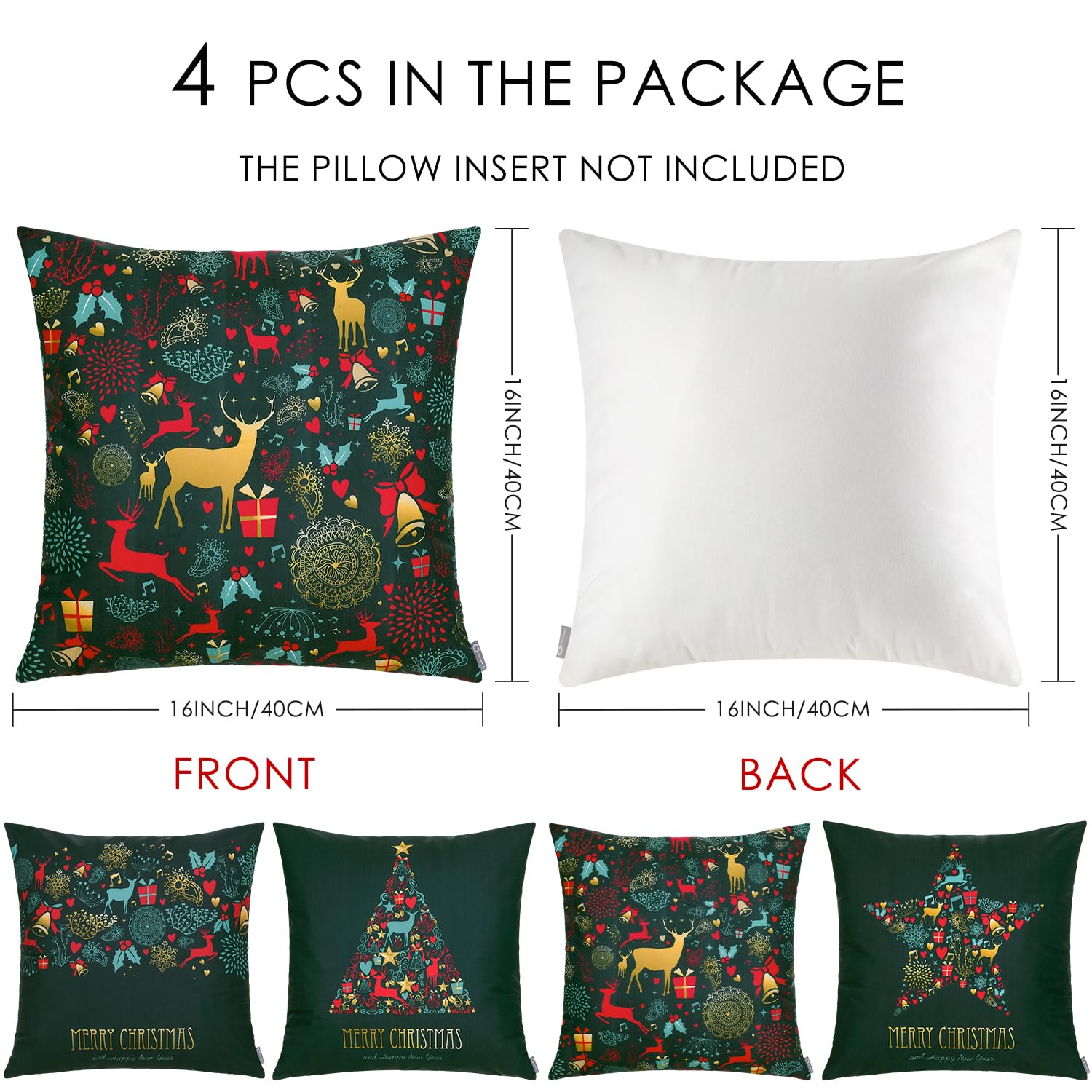 ORANIFUL Fodere Cuscini Natalizie 40x40 Set da 4 Verde Scuro Copricuscini Divano Velluto Quadrati Decorativi in Lino per Letto Décor Casa Auto (Natale 07, 4 Pezzi)