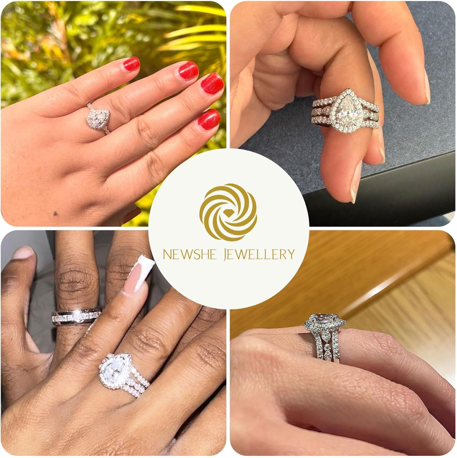 Newshe Jewellery Wedding Rings for Women Bridal Sets Sterling Silver Engagement Ring Enhancer Pear Cubic Zirconia Anniversary Promise Band Size