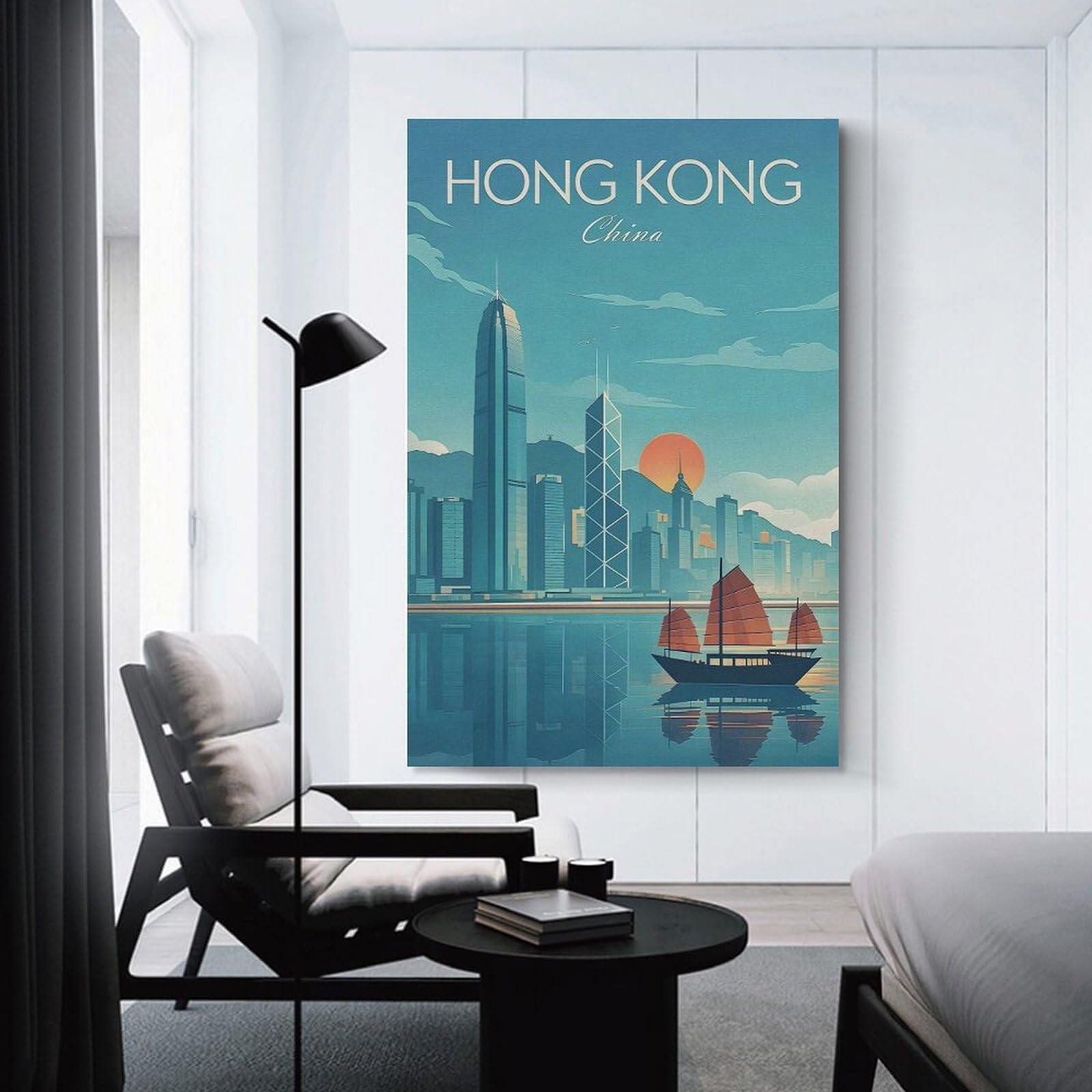 Junmoney Unframe-Style-15 Hong Kong Skyline With Junk Boat Wall Picture Print, 24X36inch(60X90cm), For New Homes, Bedrooms Or Workspaces, Thoughtful Wall Decor For Art Lovers