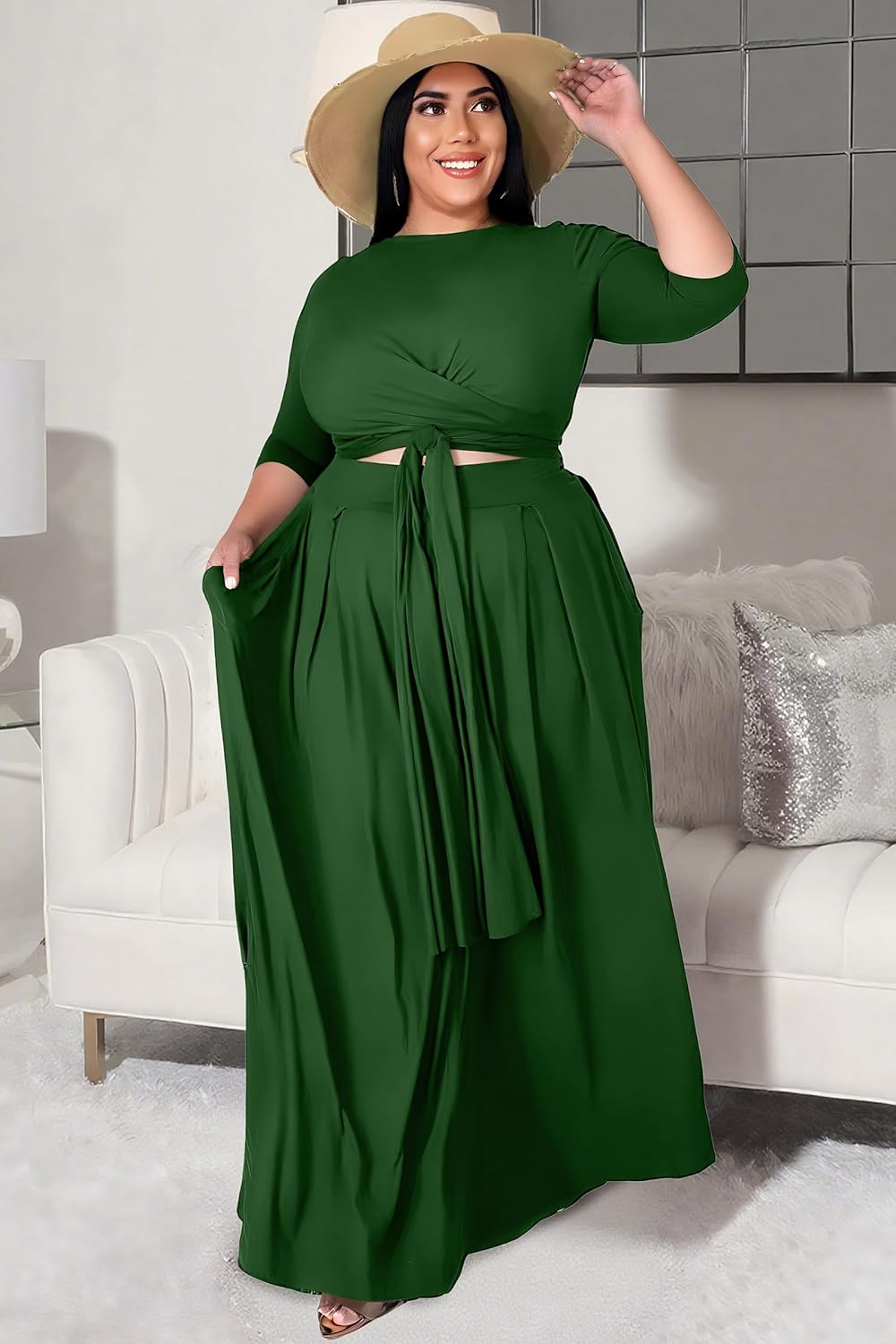 FANDEE Plus Size Women's 2 Piece Outfits Casual 3/4 Sleeve Wrap Crop Top Maxi Long Dress Flowy Matching Sets with Pocket - Image 6