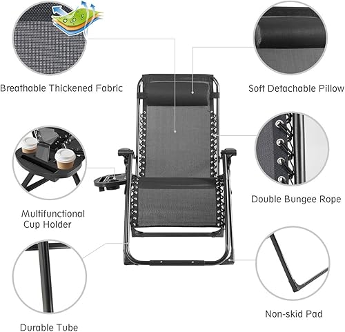 Miniatura 5 de Goplus silla de gravedad cero, silla de descanso con soporte para vasos, tela transpirable, reposacabezas desmontable y cuerdas elásticas