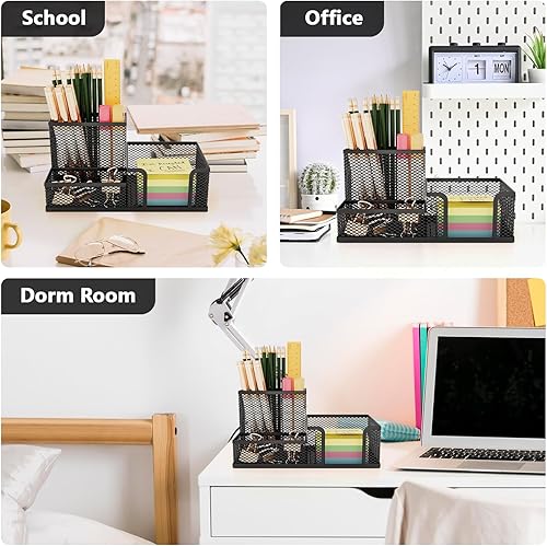 Miniatura 7 de Soporte de malla para bolígrafo para escritorio, organizador de escritorio de 3 compartimentos para bolígrafos, lápices, notas adhesivas, accesorios