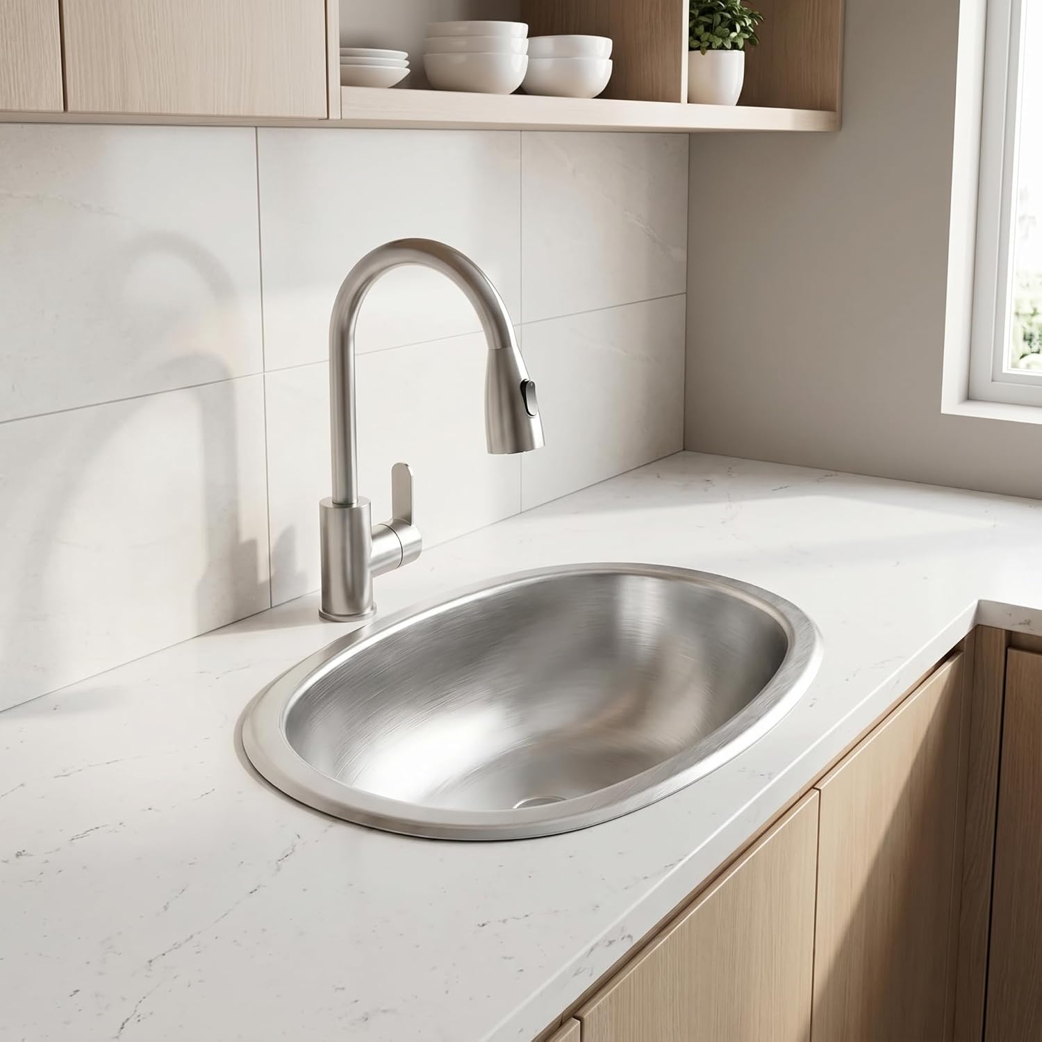 LQS Oval RV Bathroom Sink, 16.73" x 11.81" Stainless Steel Small Oval Kitchen Sink, 5.12" Depth, Undermount/Top Mount RV Kitchen Bar Sink with Sink Drain Assembly