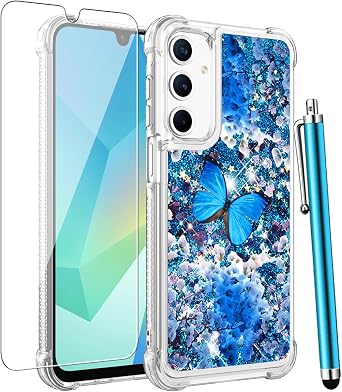 for Samsung Galaxy A16 5G Case with Screen Protector, Women Girls Glitter Sparkle Liquid Floating Cute Phone Case, Soft TPU Slim Shockproof Protective Cover for Samsung A16 5G-Blue Butterfly