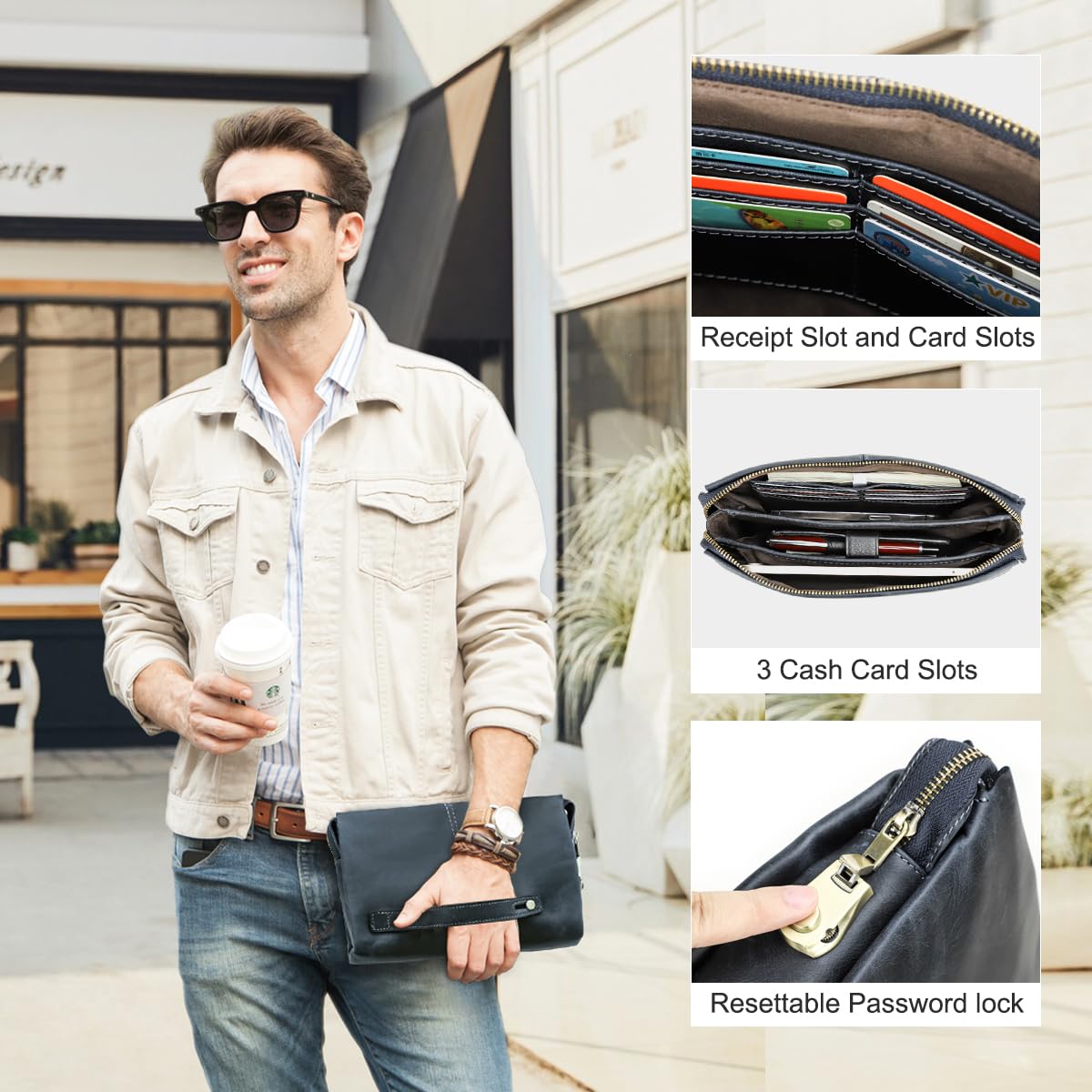 Contacts Organiseur de carte d'identité en cuir véritable pour homme, grande capacité avec verrou antivol pour passeport, téléphone portable, sac à main avec dragonne, bleu 1