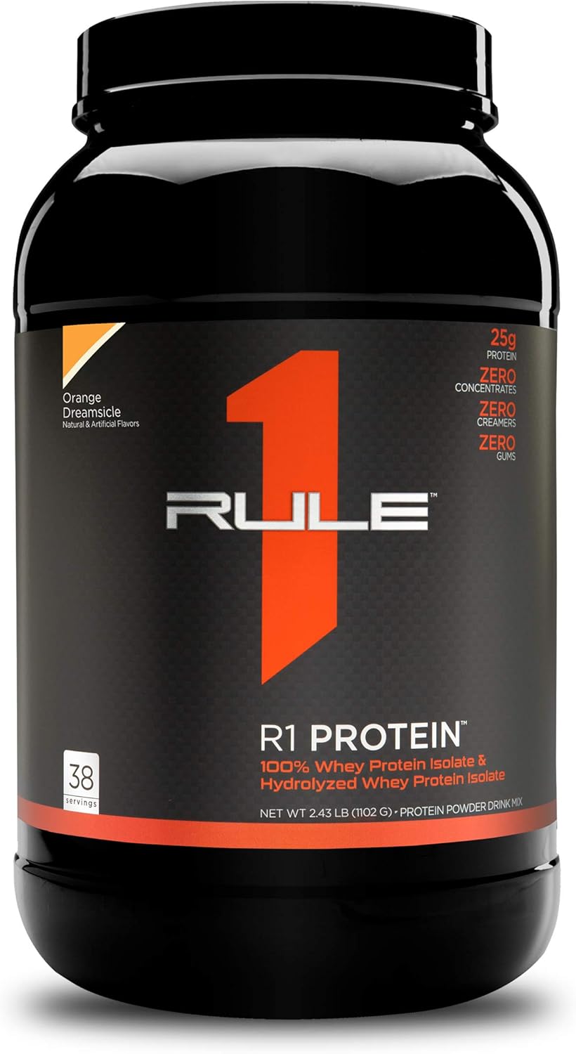 Rule One Proteins, R1 Protein - Orange Dreamsicle, 25g Fast-Acting, Super-Pure 100% Isolate and Hydrolysate Protein Powder with 6g BCAAs for Muscle Growth and Recovery, 2.5 Pounds, 38 Servings : Health & Household