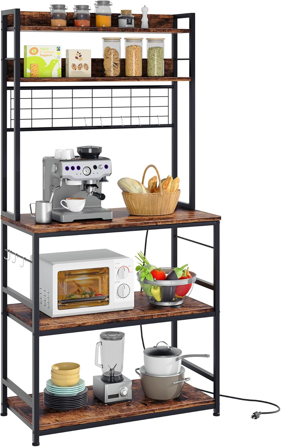 Shintenchi Bakers Rack with Power Outlet, Large Storage Space, 10 Hooks Coffee Bar with Metal Wire Panel, High Microwave Stand, Classic Kitchen Storage Shelf Design, Vintage Brown