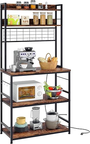 Miniatura 8 de Shintenchi Estante para panaderos con toma de corriente, organizadores de cocina y almacenamiento con 6 ganchos, soporte para horno microondas,