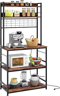 Shintenchi Bakers Rack with Power Outlet, Large Storage Space, 10 Hooks Coffee Bar with Metal Wire Panel, High Microwave S...