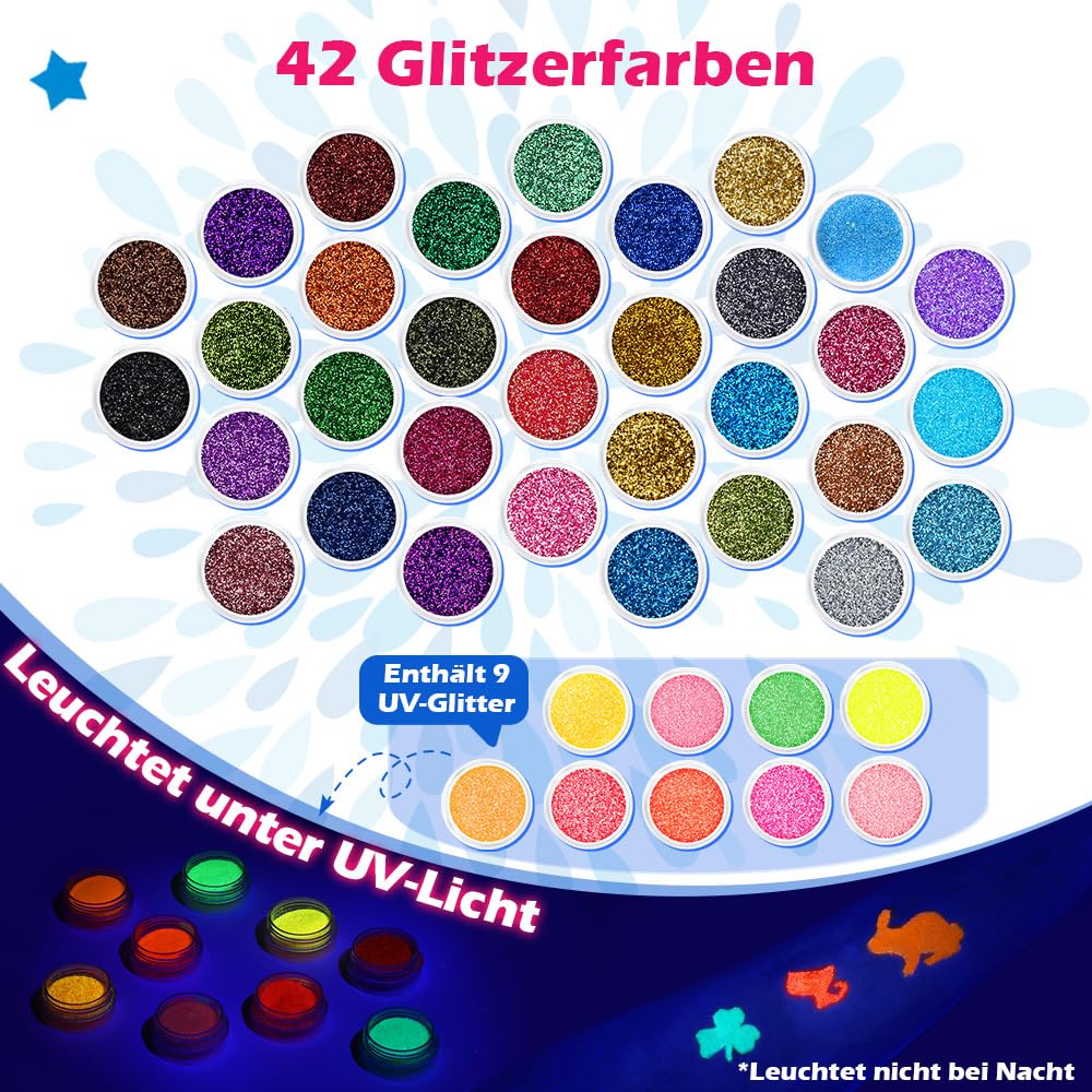 Bledras Glitzer Tattoo Set Kinder, 42 Farben Temporary Glitter Tattoos, 210 Schablonen, 370 Strasssteine, 5 Pinsel, 3 Kleber, Glitter Make Up Kit for Birthday Party Ostergeschenk