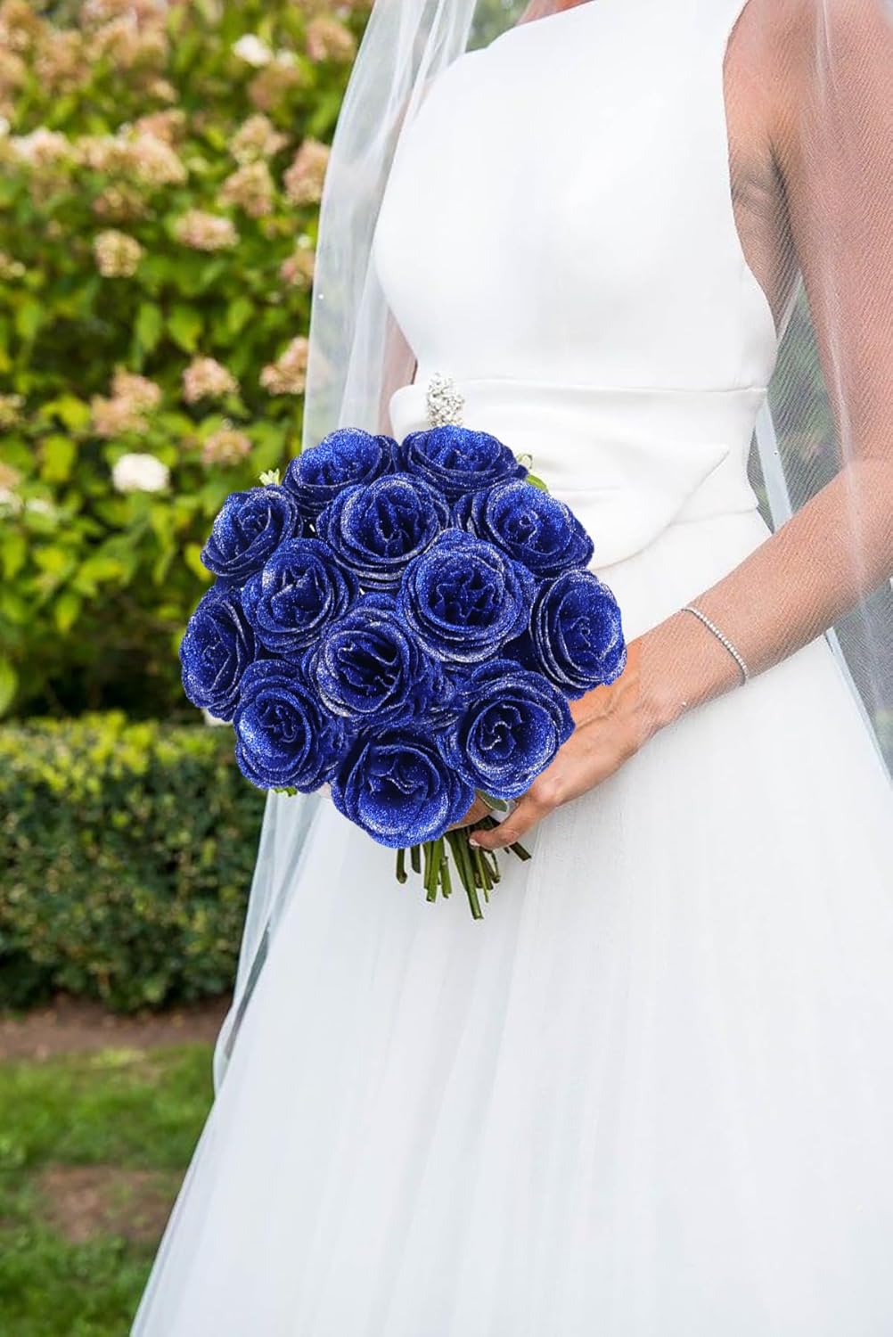 Glitter Roses Bouquet,30pcs Royal Blue Roses Sparkle Roses Artificial Roses with Stems for Crafts Wedding Bouquet Party Home Decor(Royal Blue with Silver Glitter)