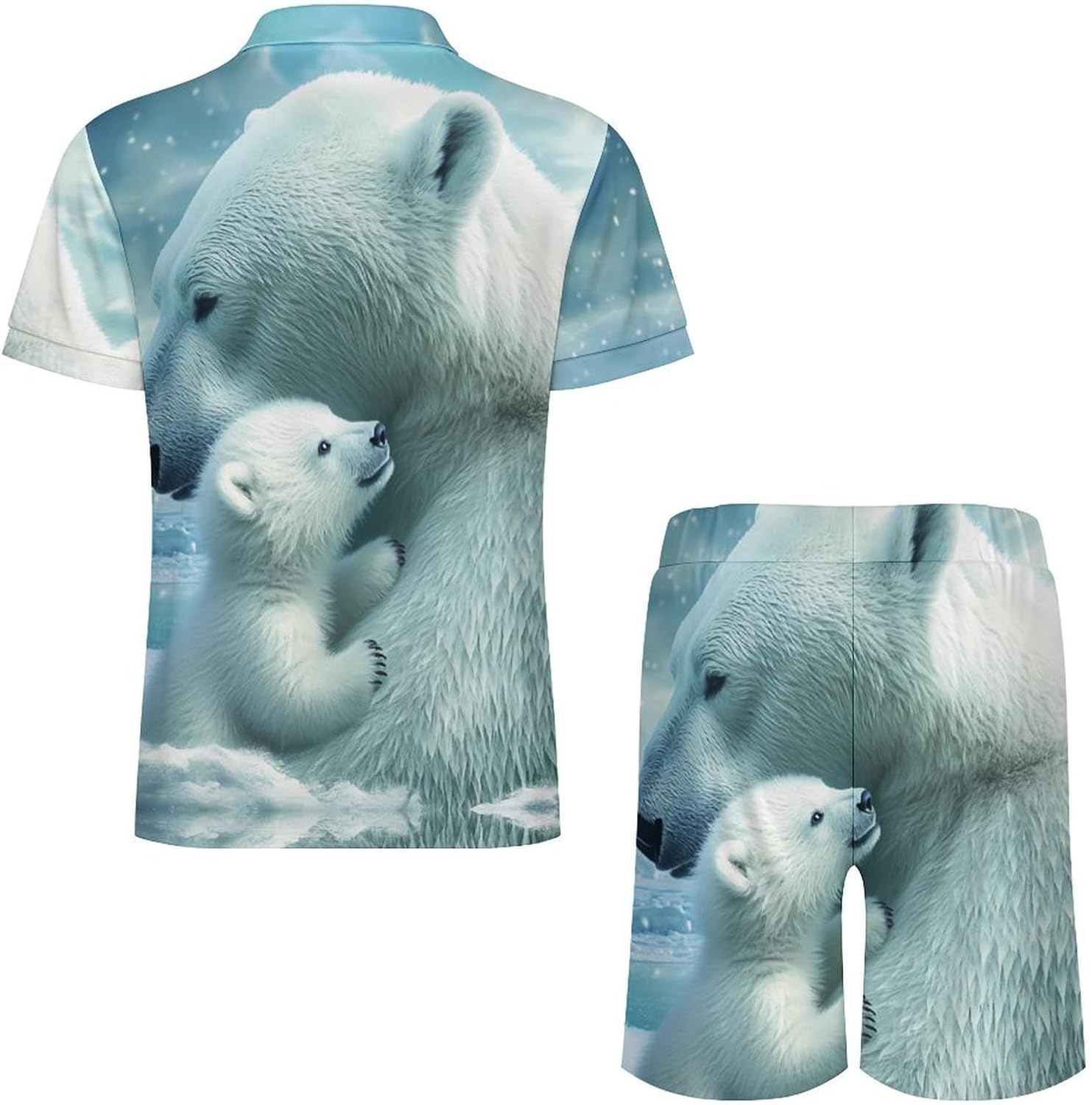 White Bear Mama Mens Polo Shirts Track Suits 2 Piece Short Sleeve Sweatsuit 1/4 Zip Golf Loungewear for Sports