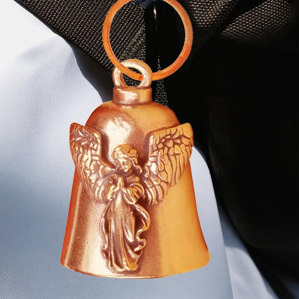 Solid Brass Guardian Angel Motorcycle Bell with Angel Praying Wings Design for Biker Ride Safe Good Luck & Protection – Gremlin Bell Keychain Gift for Riders Men Women - Image 2