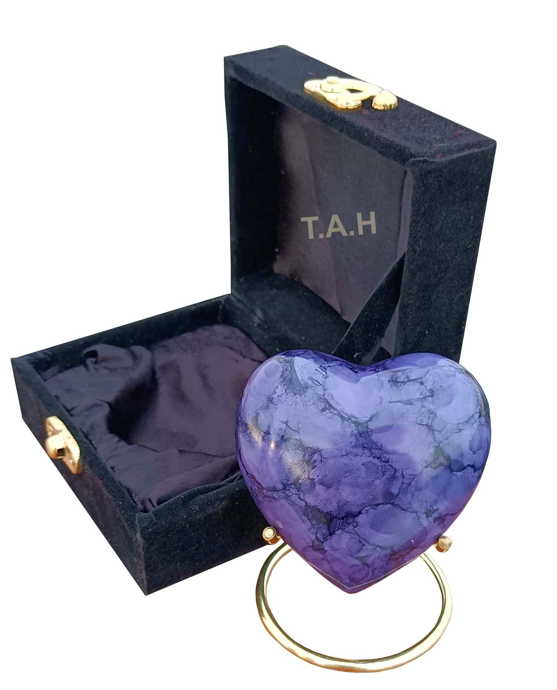 Urna de cremación morada para cenizas, recuerdo de corazón, urna con caja negra y soporte de latón, mini urna para tu ser querido adulto y entierro funerario para adultos y bebés