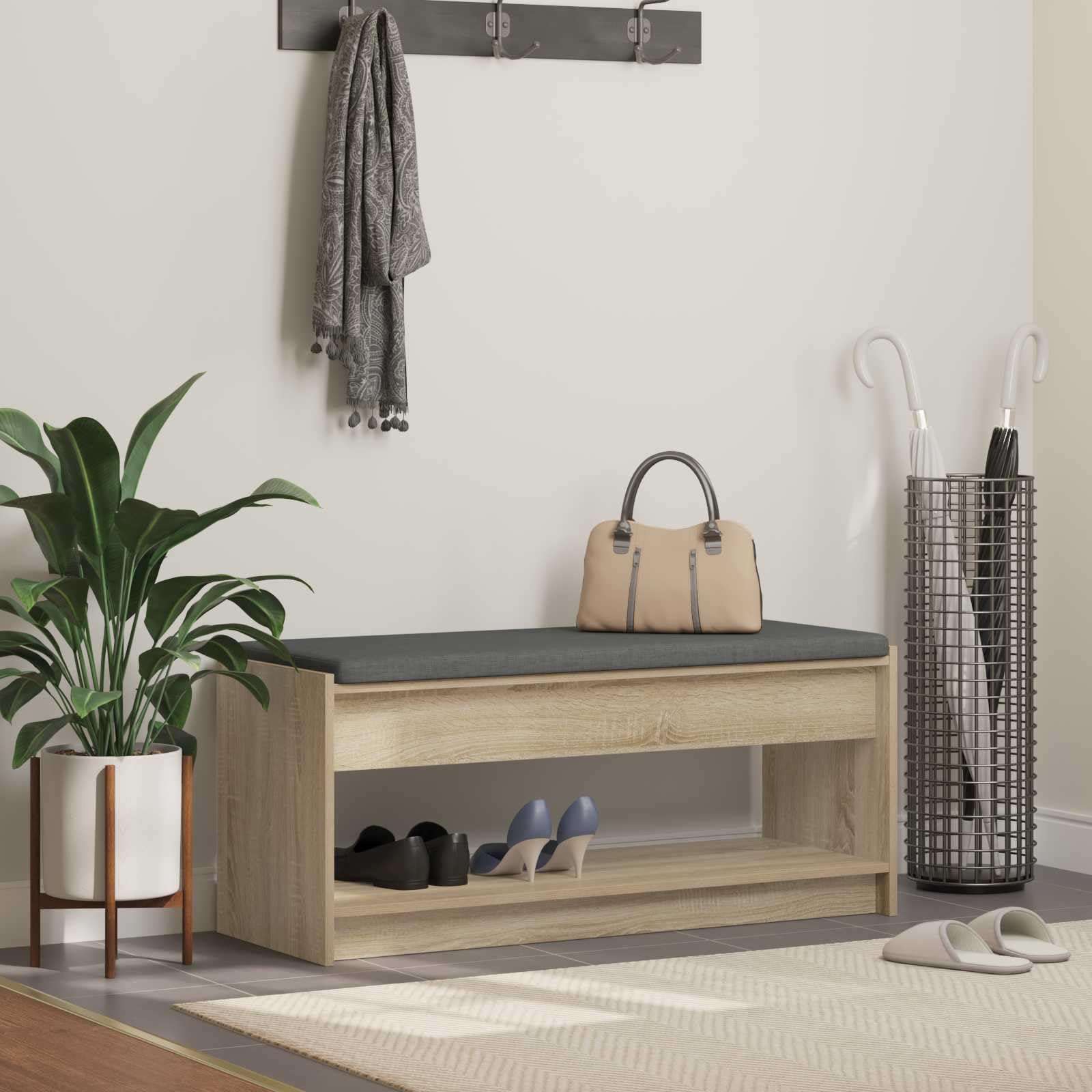 Banc de couloir avec coussin pour s'asseoir et ranger ses chaussures facilement