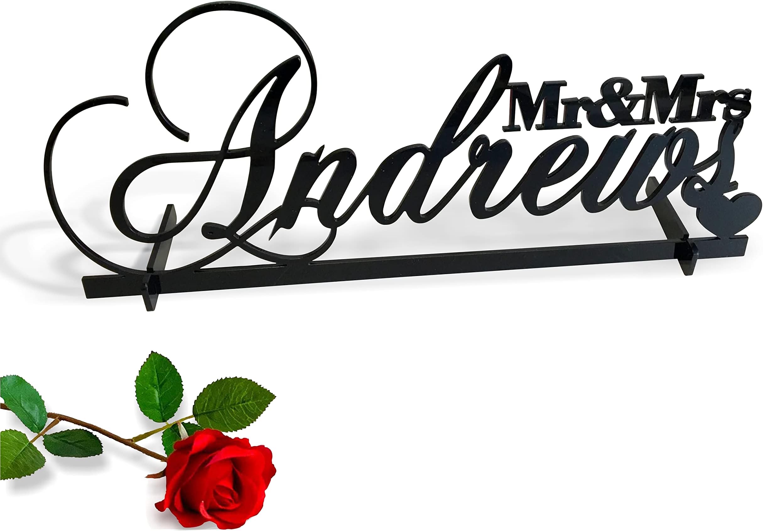 Mr & Mrs Wedding Freestanding Table Sign with Heart, Personalised Last Name Sweetheart Table Centerpiece, Surname Reception Laser Cut Decorations Acrylic Wood Engagement Anniversary Party Bride, Groom