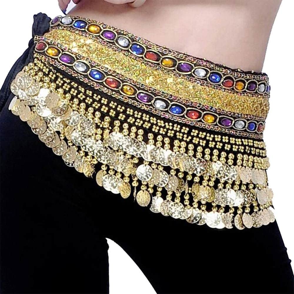 Dancer Skirt, Belly Dance Hip Scarf Wrap Belt Women Sexy Dancer Skirt Female Show Costumes Sequins Tassels Black