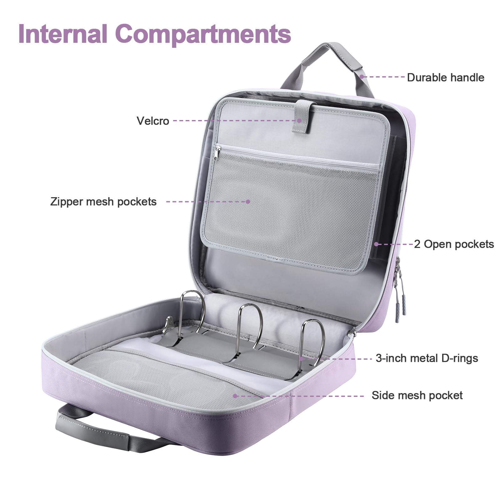 Raccoglitore con cerniera a D da 10,2 cm, con cinghia, capacità 800 fogli, organizer multitasche per scuola e ufficio, compatibile con MacBook da 13 pollici (design brevettato, viola)