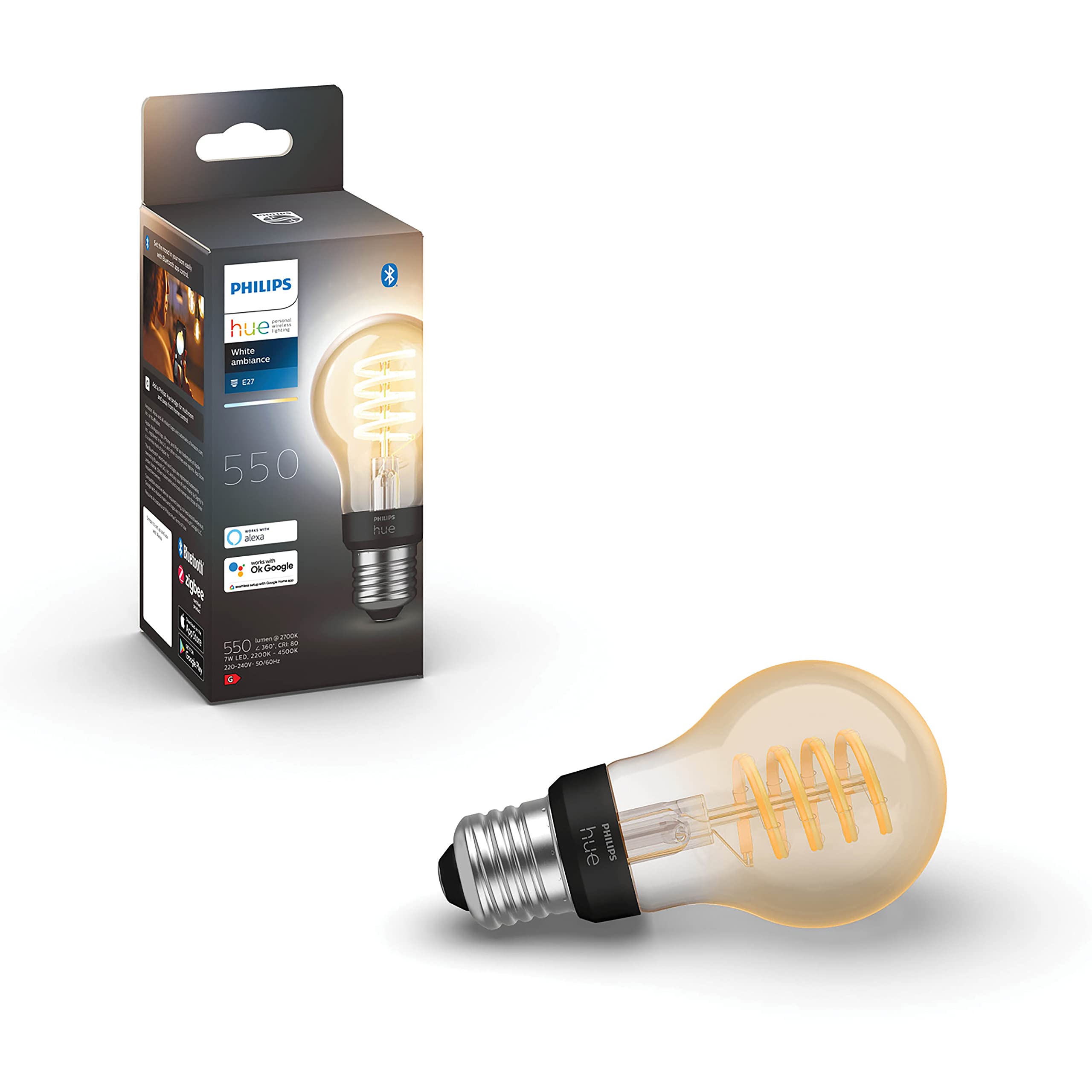 Philips Hue Starterpaket - E27 - mit 3 Filament Lampen Mix - Warm bis Kaltweißes Licht - inkl. 1 Hue Bridge, 1 Hue Dimmschalter - Hue White Ambiance Filament