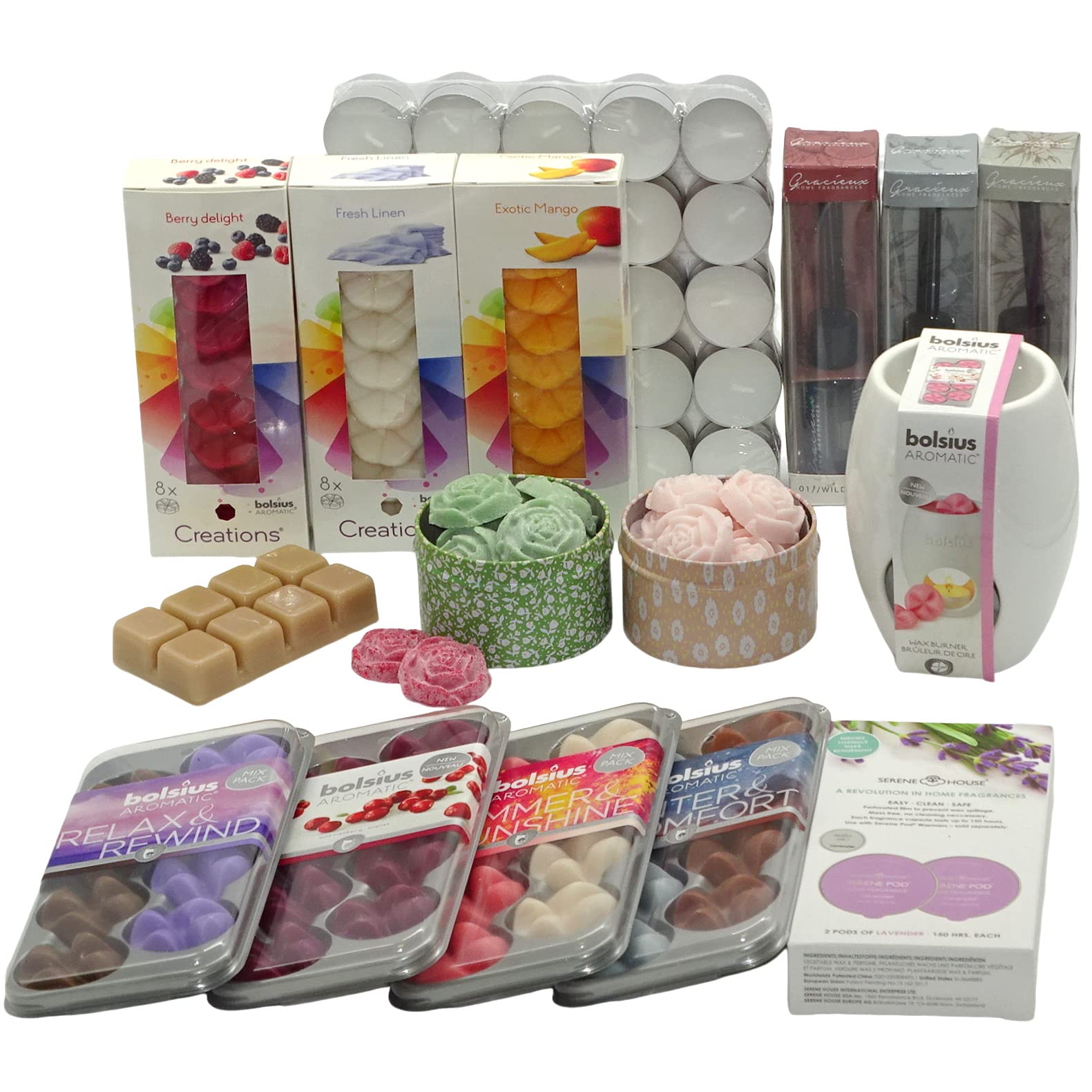 150-teiliges Überraschungs Duftset: 96 Duftwachs Melts + 50 Teelichter + 3 Diffuser + Duftlampe, Aromatik Geschenkset Mix Paket verschiedene Düfte