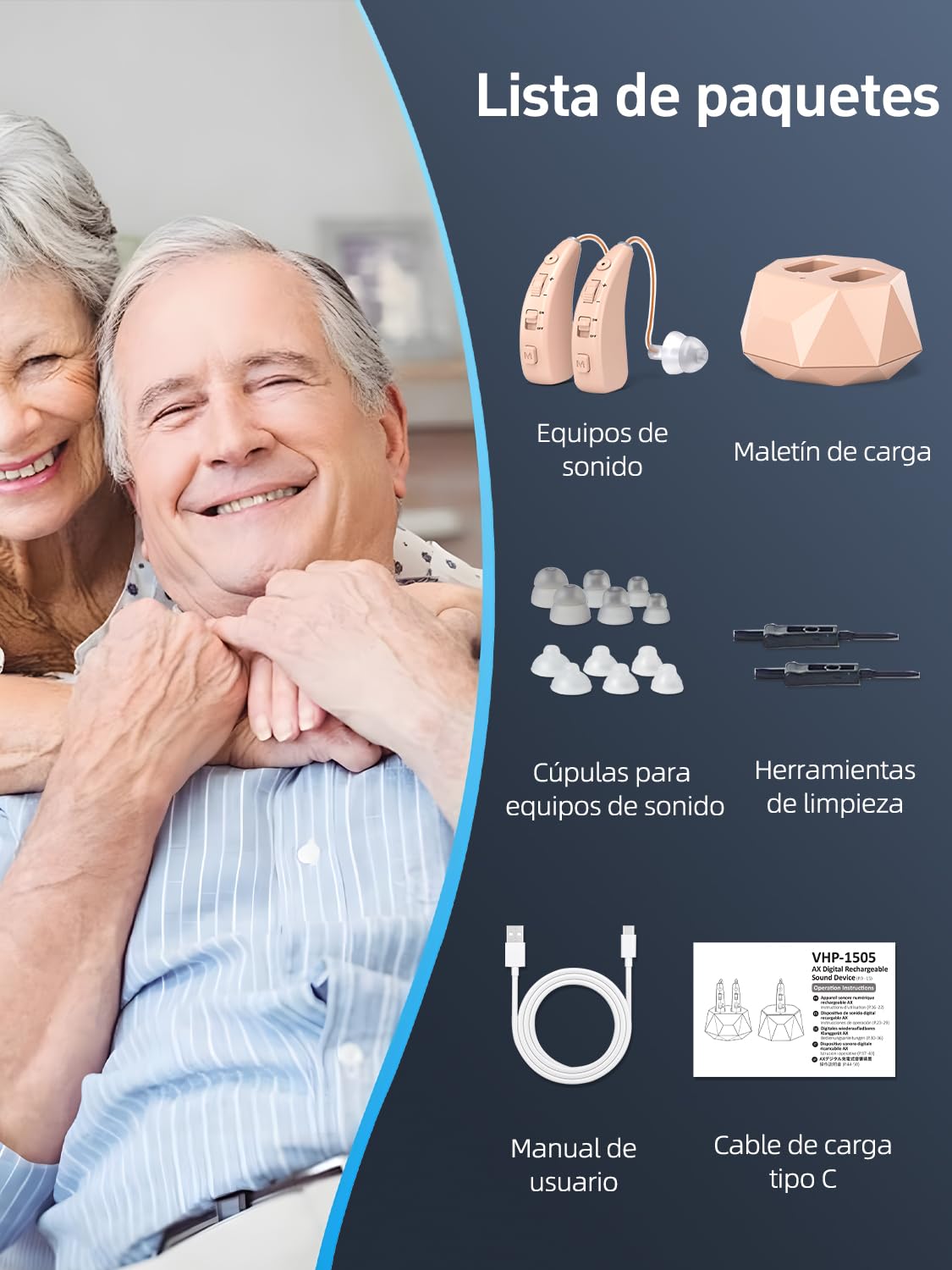 Dispositivo de audio recargable con cancelación de ruido, volumen ajustable, chip inteligente y estación de carga, discreto en el oído,Amplificadores de sonido para personas mayores (2, Beige)