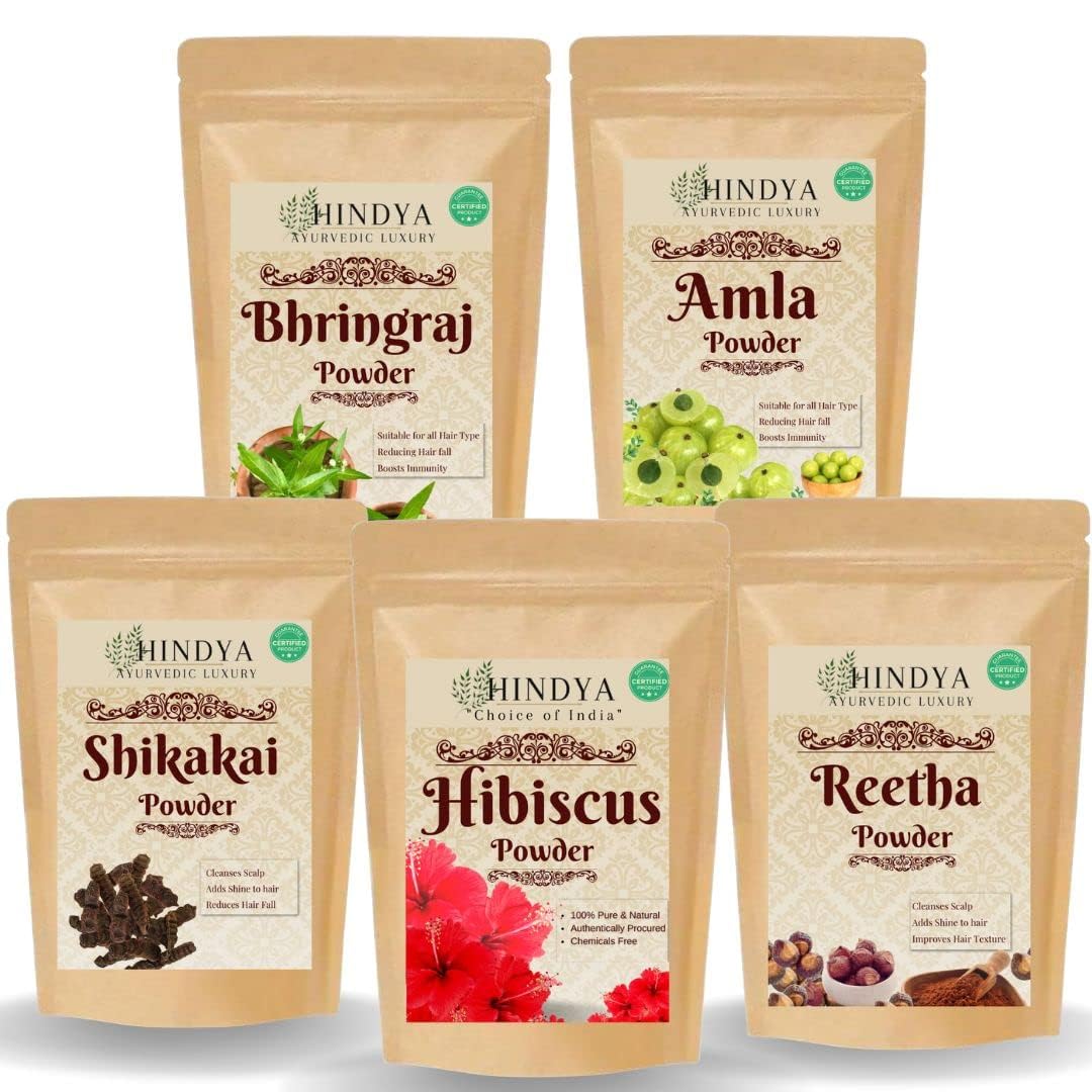 Hindya Ayurvedic Luxury Amla Reetha Shikakai, Bhringraj and Hibiscus Powder for All Hair Types (Pack of 5, 50g each, Total 250g Pack, Natural and Plant-Based, Unscented)
