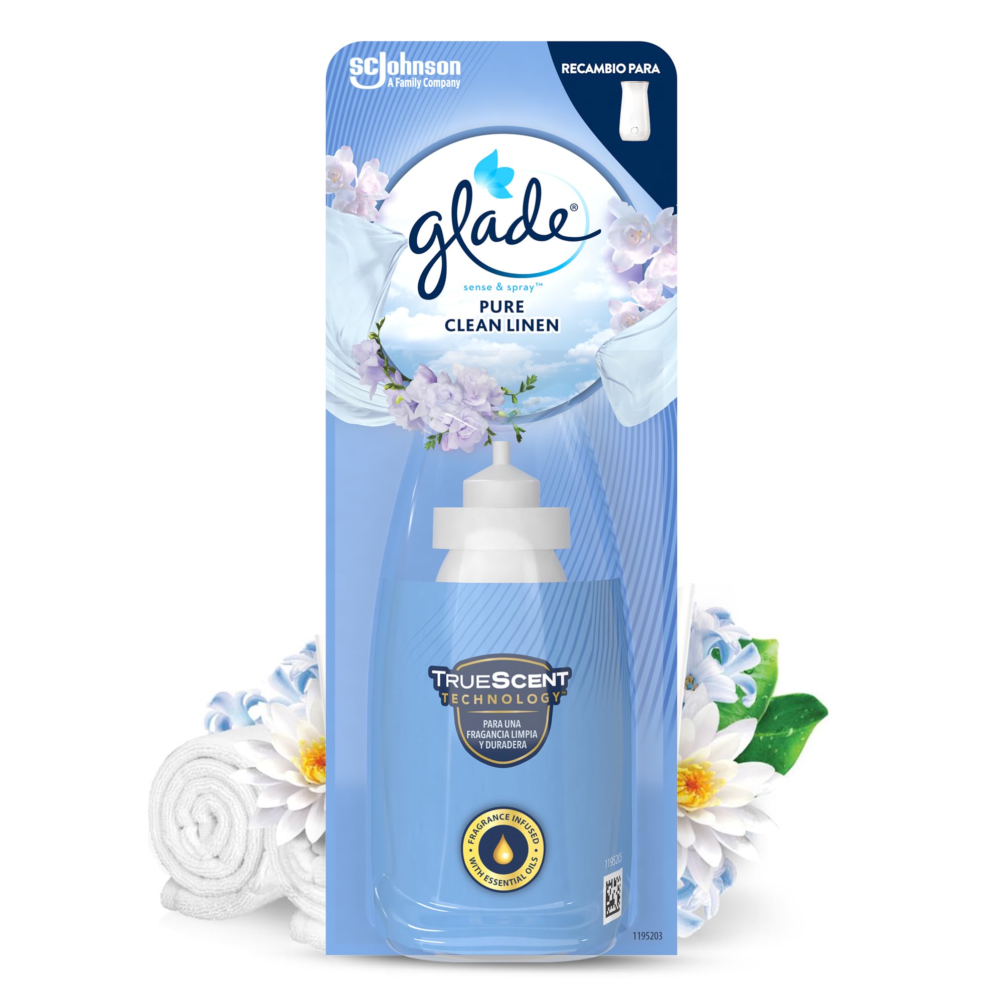 Glade Ambientador Automático Sense & Spray Clean Linen, con Sensor de Movimiento, Dura Hasta 60 Días, con Aceites Esenciales, 1 Recambio