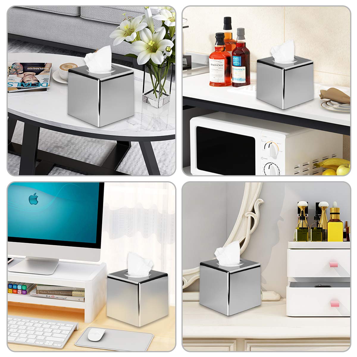 Discoball - Porta fazzoletti a forma di cubo, porta fazzoletti a specchio, quadrato, per casa, ufficio e auto (argento)