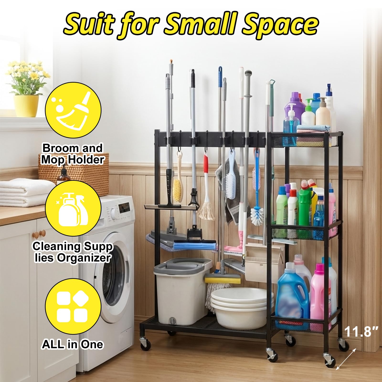 Soporte para escobas con organizador de suministros de limpieza, soporte para escobas y fregonas, carrito de limpieza móvil 2 en 1 con almacenamiento de fregona con estantes de 3 niveles, carrito de