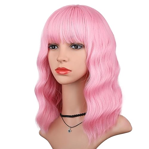 Peluca de color rosa claro con flequillo para mujer, peluca corta ondulada y rizada estilo Bob, pelucas de color rosa claro, 14 pulgadas, longitud