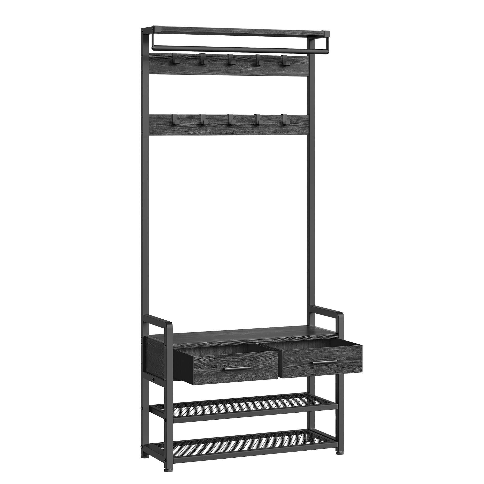 VASAGLE Perchero Recibidor, Mueble de Entrada con 10 Ganchos Extraíbles, 2 Cajones, Banco Zapatero, Diseño Separable, 30 x 80,4 x 181,6 cm, Gris Carbón y Negro Tinta HSR429B04