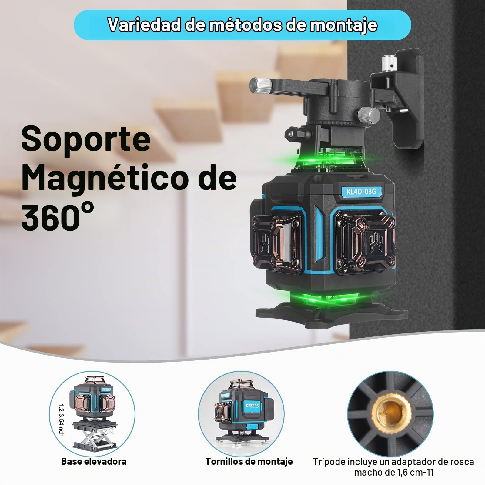KEZERS Láser de Líneas Cruzadas Verde 4x360°, Nivel de Burbuja Láser Autonivelante 16 Líneas, Láser de Líneas Cruzadas con Pantalla, Mando a Distancia, Soporte de Pared, para Interiores y Exteriores