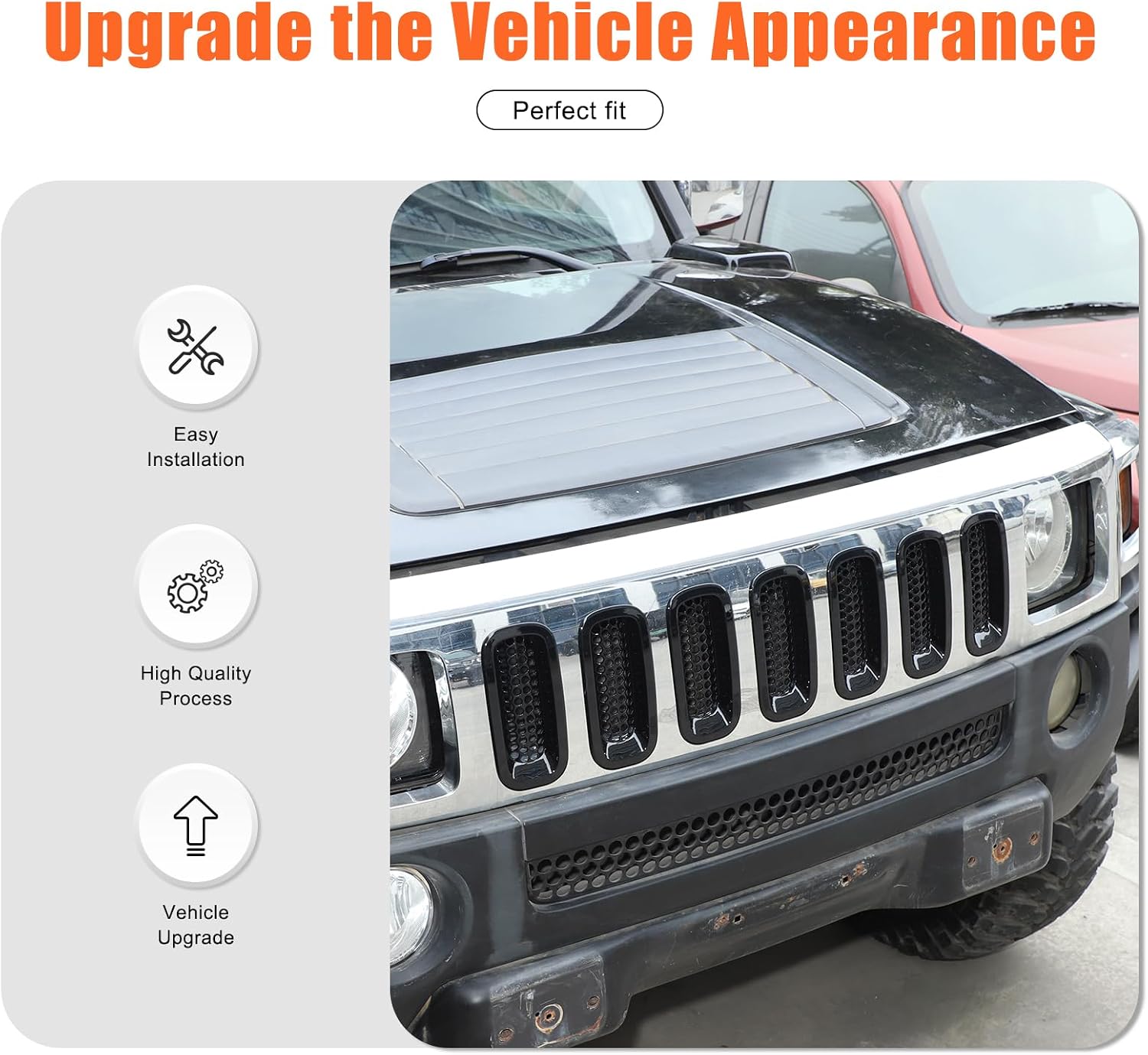 PIUGILH Front Bumper Grill Inserts Mesh Cover Compatible with Hummer H3 2005-2009 Accesories ABS Front Bumper Bug Guard Grill Cover Trim, 7Pcs (Piano Black)