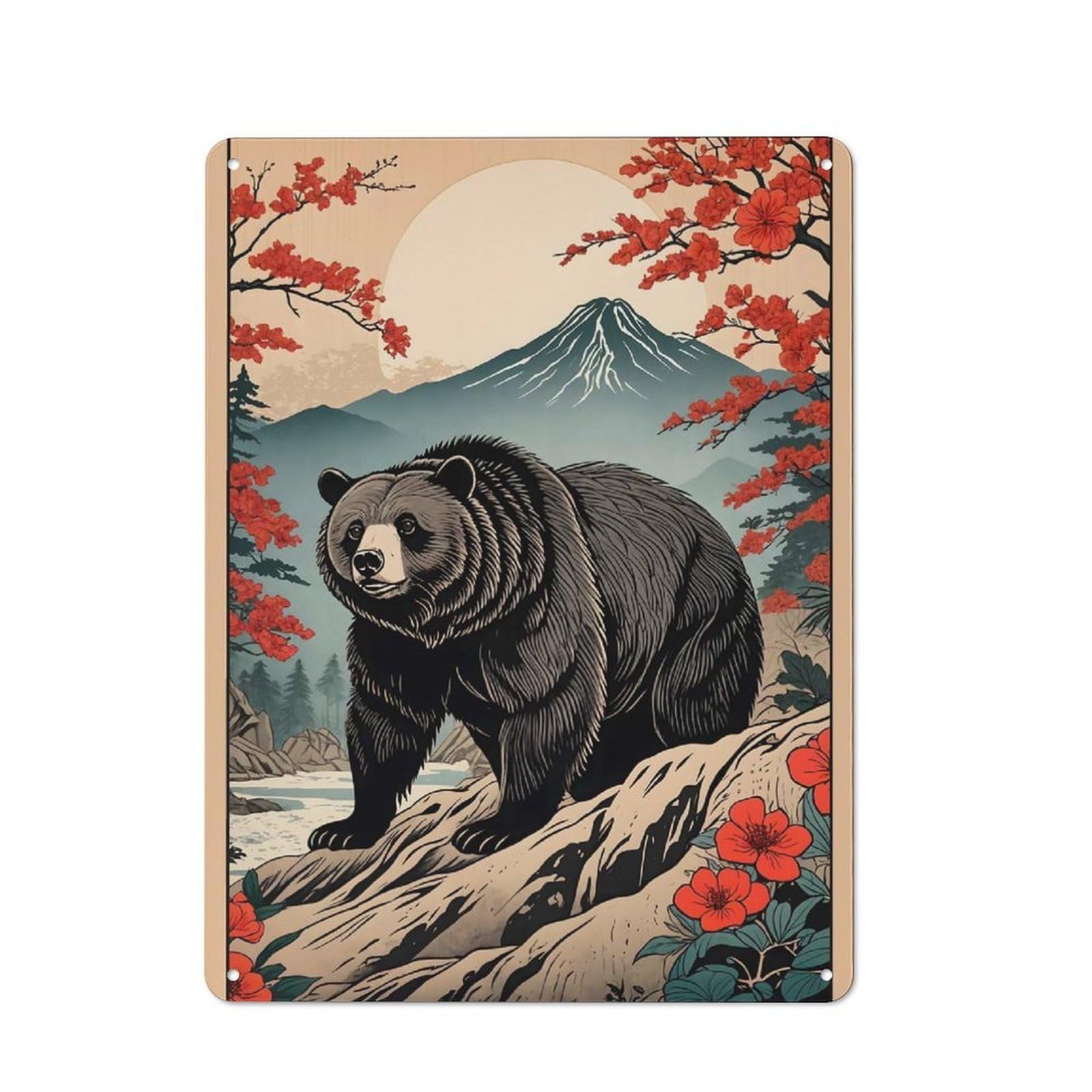 Junmoney Japanese Bear Mountain Rustic Tin Sign 40X30cm For Living Room Or Hallway, Suited To Living Room Decor Lovers