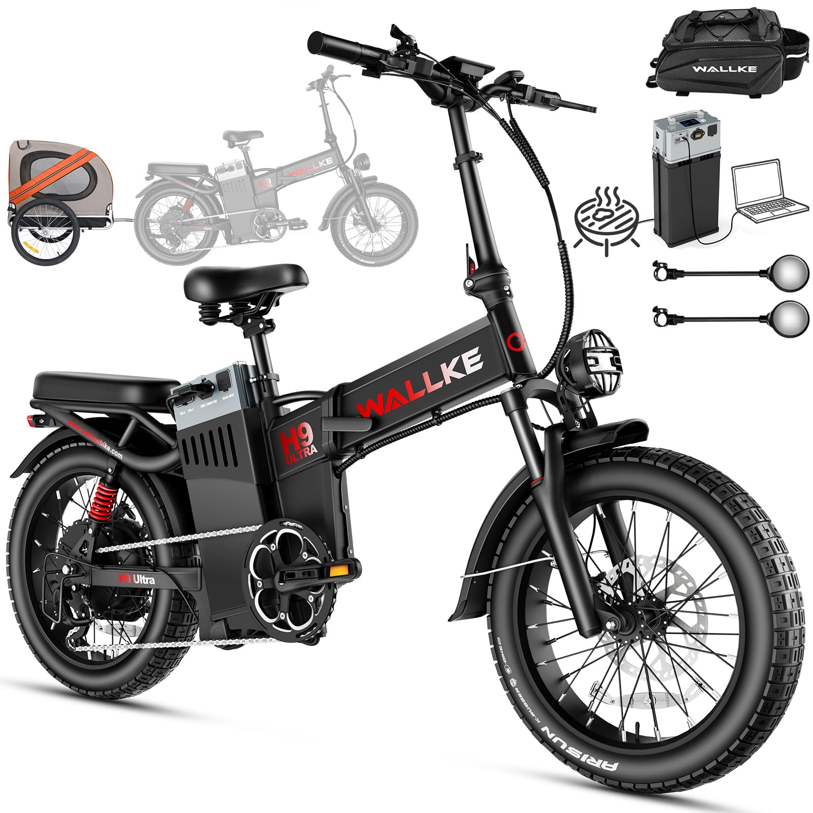 Wallke H9 Ultra 4000W Long Range Electric Bike for Adults, 55Ah 2640Wh 180 Mile, 40MPH Fast Ebike, 2-in-1 AC/DC Power Hub AC/Solar-Charging Battery, Torque Sensor, Air Suspension, 20" Fat Tire E Bike