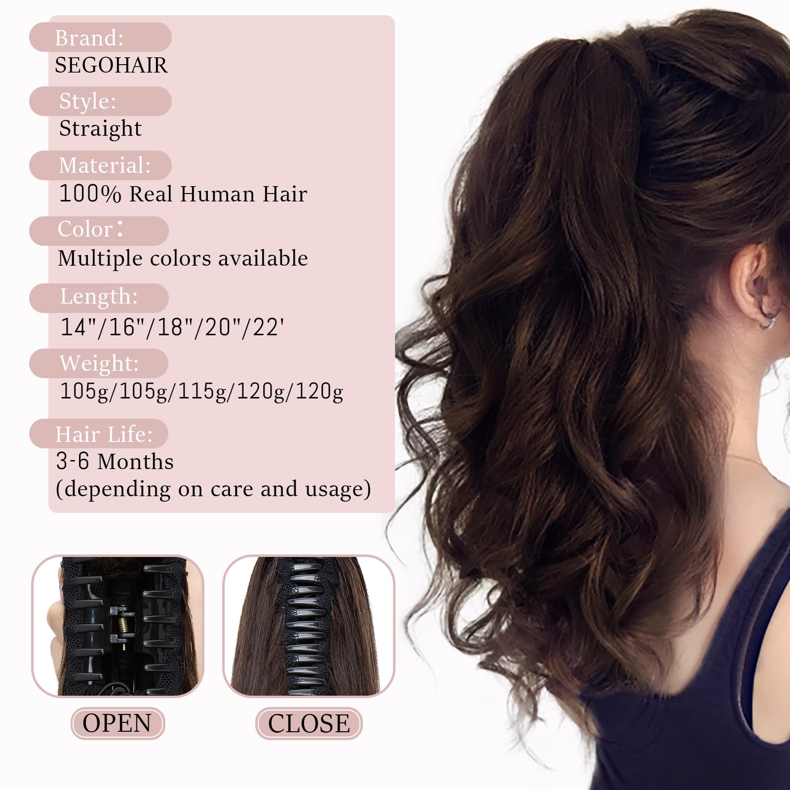SEGOHAIR Claw Clip Ponytail Hair Extensions Human Hair - Image 4