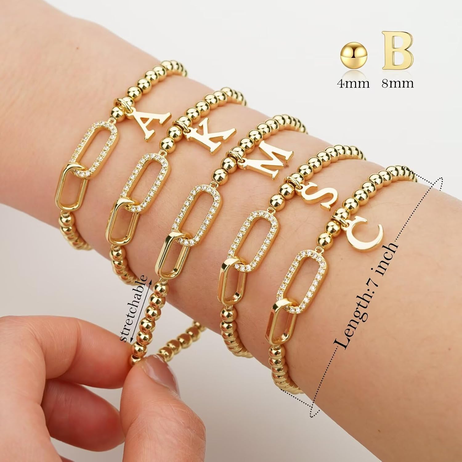 M MOOHAM Gold Initial Bracelets for Women - 14K Gold Plated Cubic Zirconia Interlock Circles Letter A-Z Initial Bracelet, Stretch Beaded Bracelets for Women Jewelry Birthday Gifts