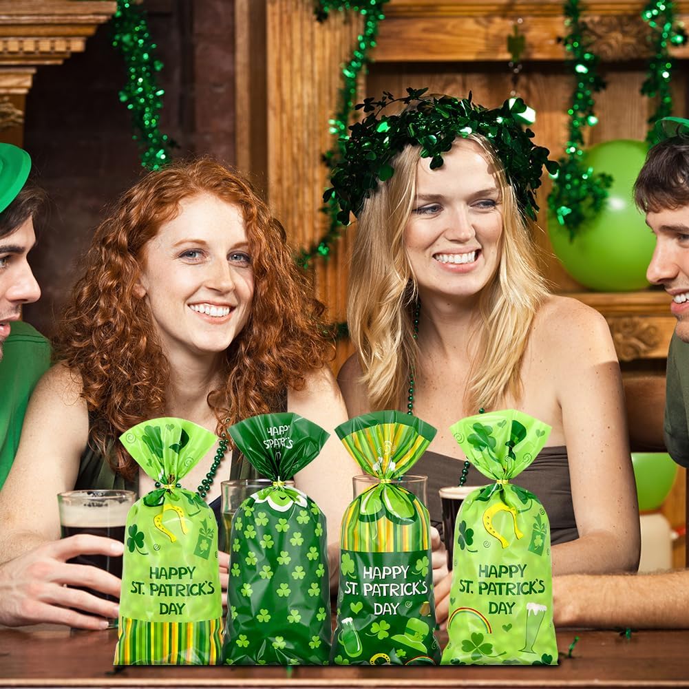 100 Pieces St. Patrick's Day Goodies Cellophane Bags, Leprechaun Hat Rainbow Beer Shamrock HAPPY ST. PATRICK'S DAY Plastic Candy Cookie Treat Gift Bags for Saint Patrick's Day Party Favor Supplies