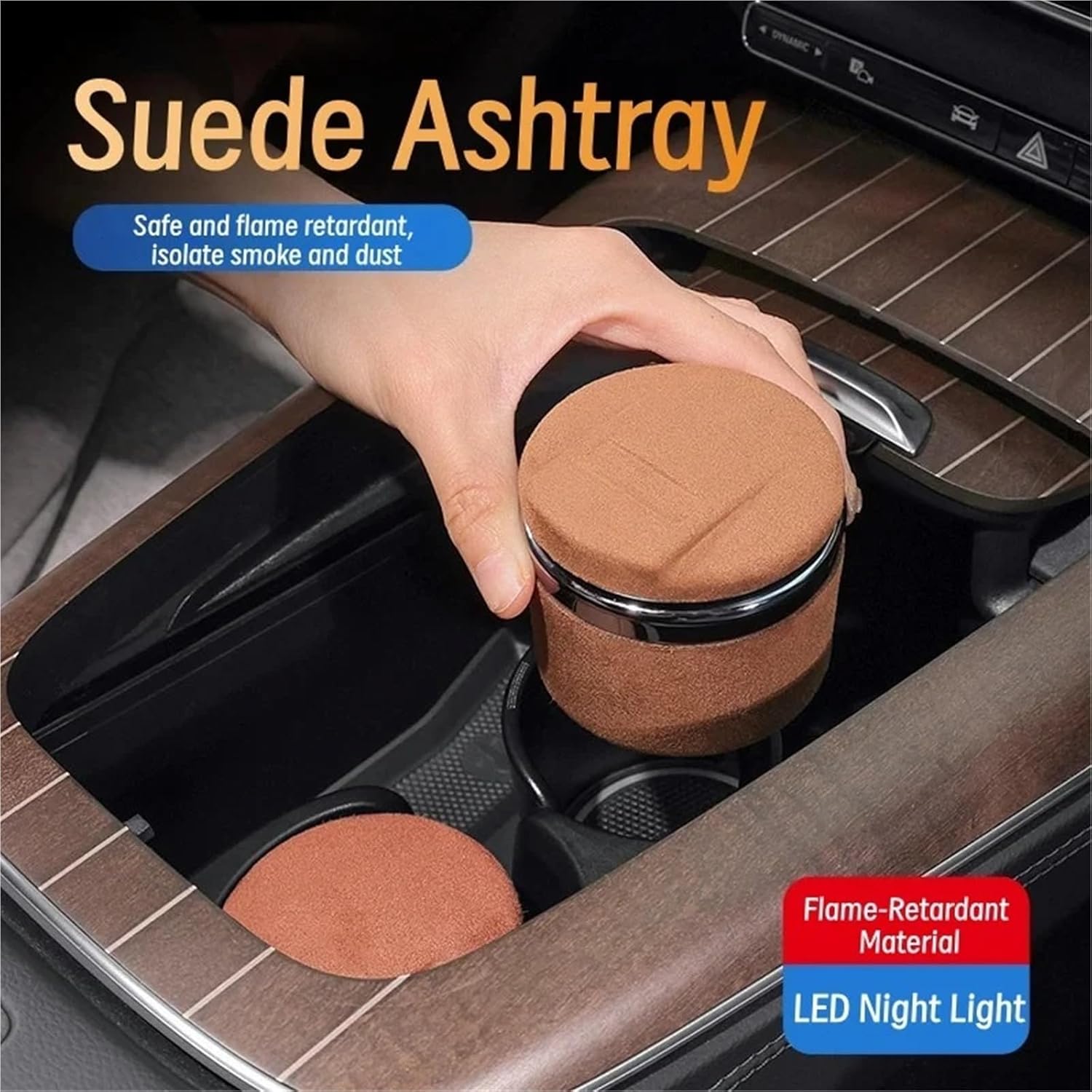 Car Mounted Suede Ashtray With Smoke And Dust Isolation LED Blue Light Multifunctional Interior Modification Accessories(Coffee Brown)