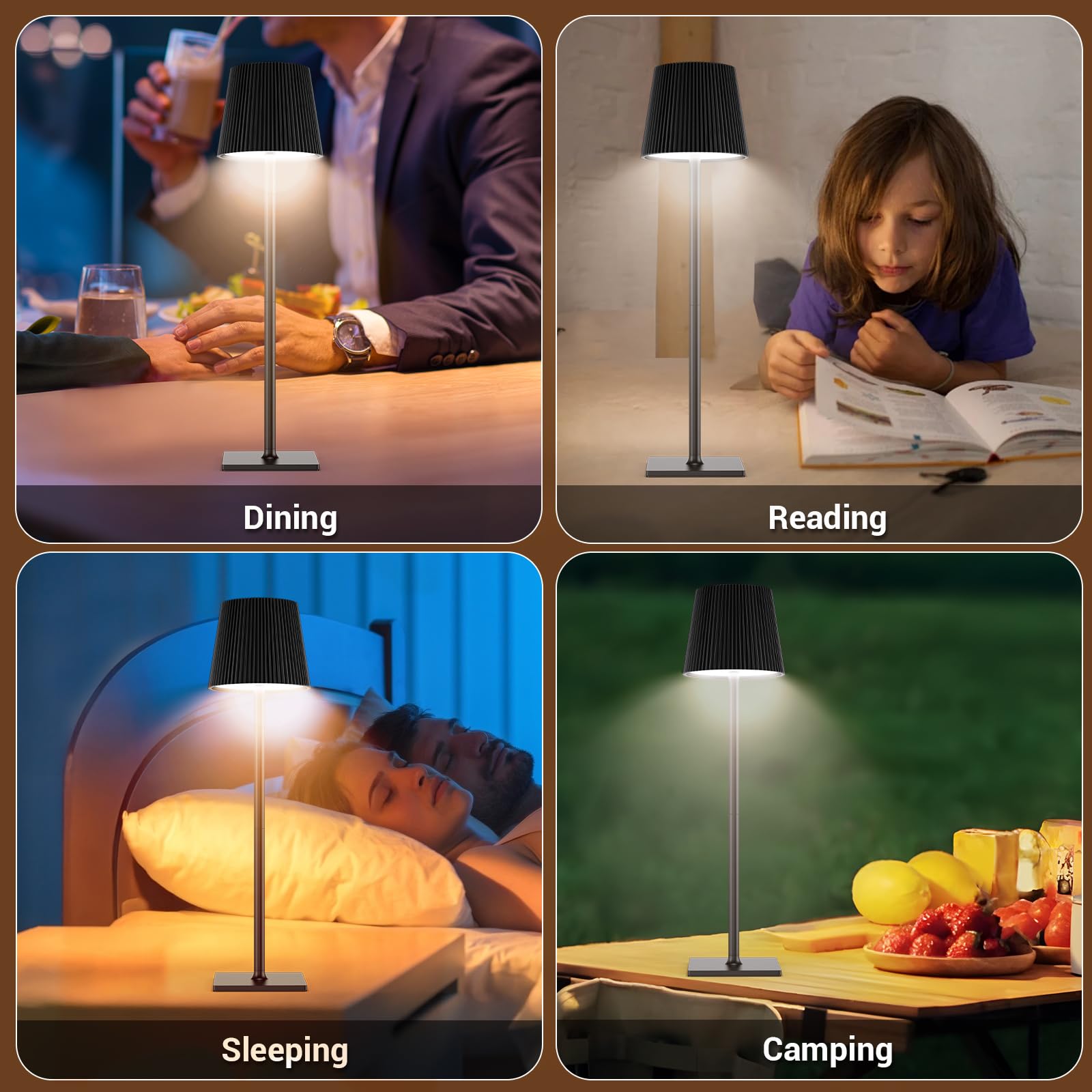 Lampara de Mesa LED Inalámbrica Lámpara de Mesa bateria Recargable con Tapón de Vino y USB-C, Lamparas Mesita Regulable para Restaurante, Dormitorio, Camping, Salon, Negro