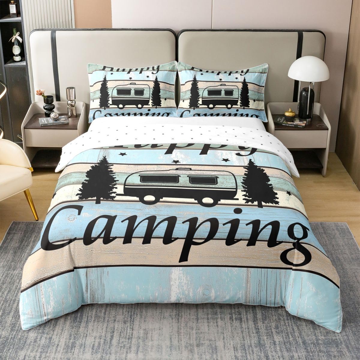 Camper Twin Size Zipper Happy Camping Bedding for Kids Rustic Farmhouse Style Duvet Cover 100% Cotton, Camper Accessories for Travel Trailers, Camper Must Haves,Teal Blue Vintage Wooden Quilt Cover