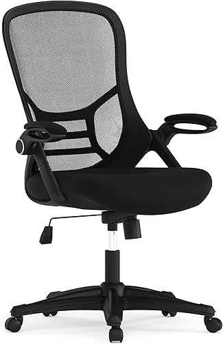 Flash Furniture Porter - Silla de oficina giratoria ergonómica de malla negra con marco negro y brazos abatibles Negro