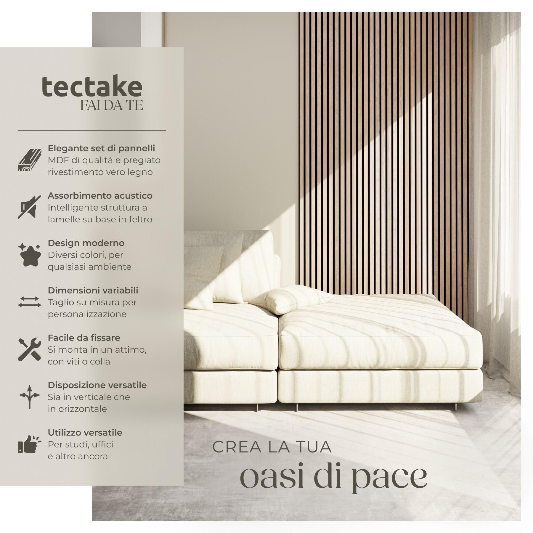 tectake® Set of 2 Acoustic Panels Wood Effect, Decorative Sound Absorbing Panels for Walls, Set x2 Ceiling Soundproofing Panels, 2 Pieces Wall Panels, Modern Design - Light Oak - 2