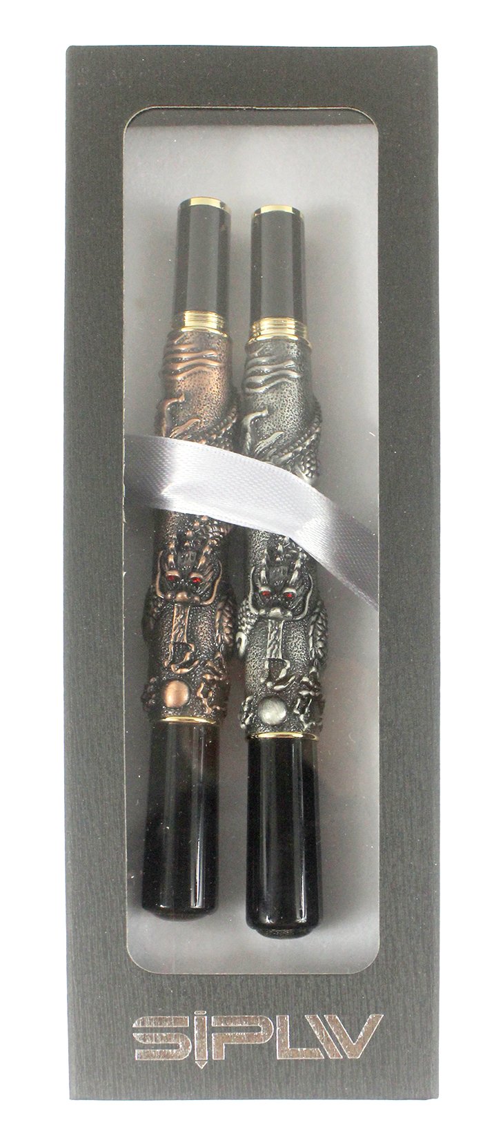 2 Füllfederhalter Mit Drachen-Design – Metall, Mittlere Feder 0,5 Mm, Edles Altes Silber & Kupfer