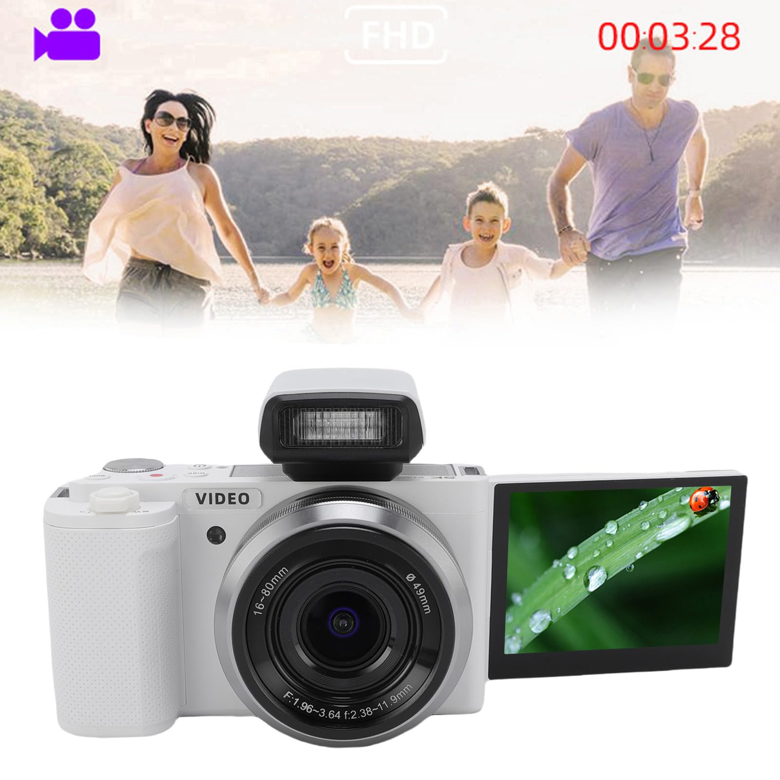 Tbest Kamera 5K WiFi do Vlogów Kompaktowy Mały Aparat z 15-krotnym Zoomem i Balansem Bieli (WHITE)