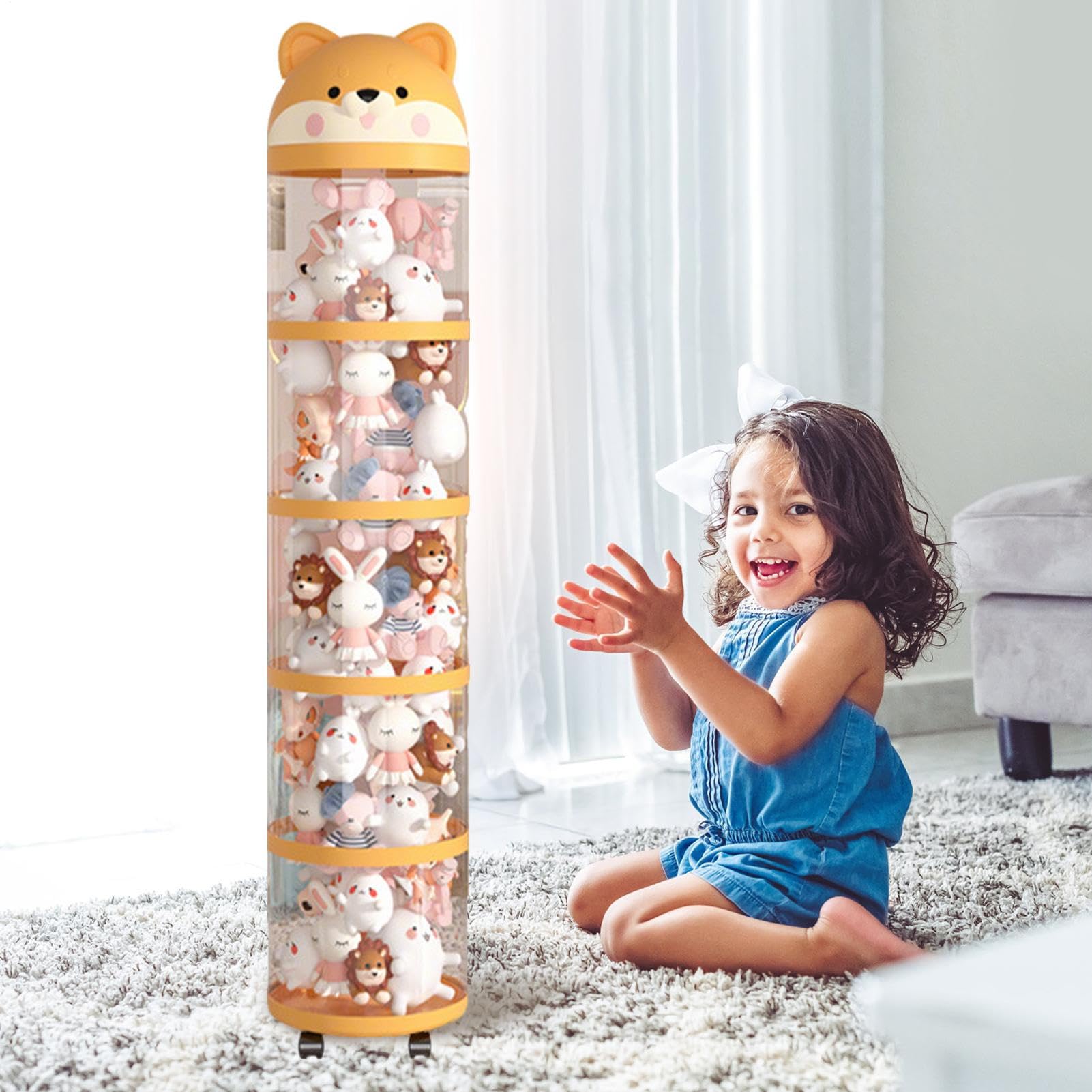 Porte-animaux en peluche - Cylindre porte-objets en peluche, conteneur vertical à roulettes, organisateur en colonne en tissu, solution pour la décoration de la maison, équipement pour le
