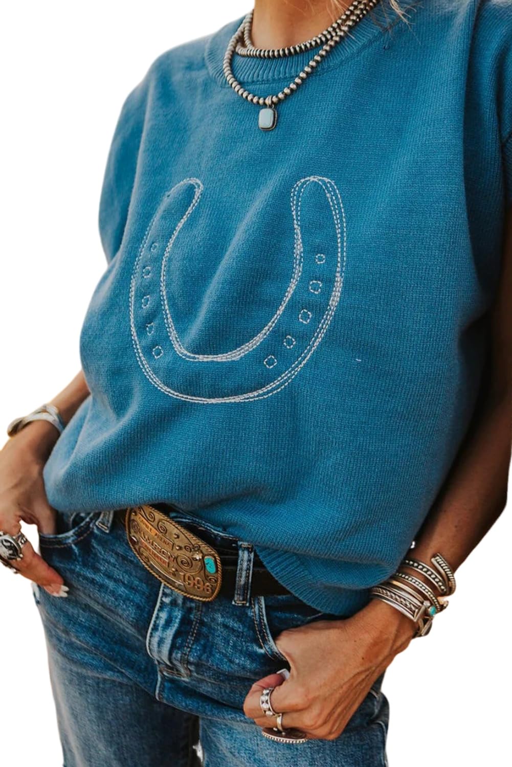 Womens Light Blue Horse Shoe Embroidered Loose Short Sleeve Sweater Casual Fashion Pullover Tops